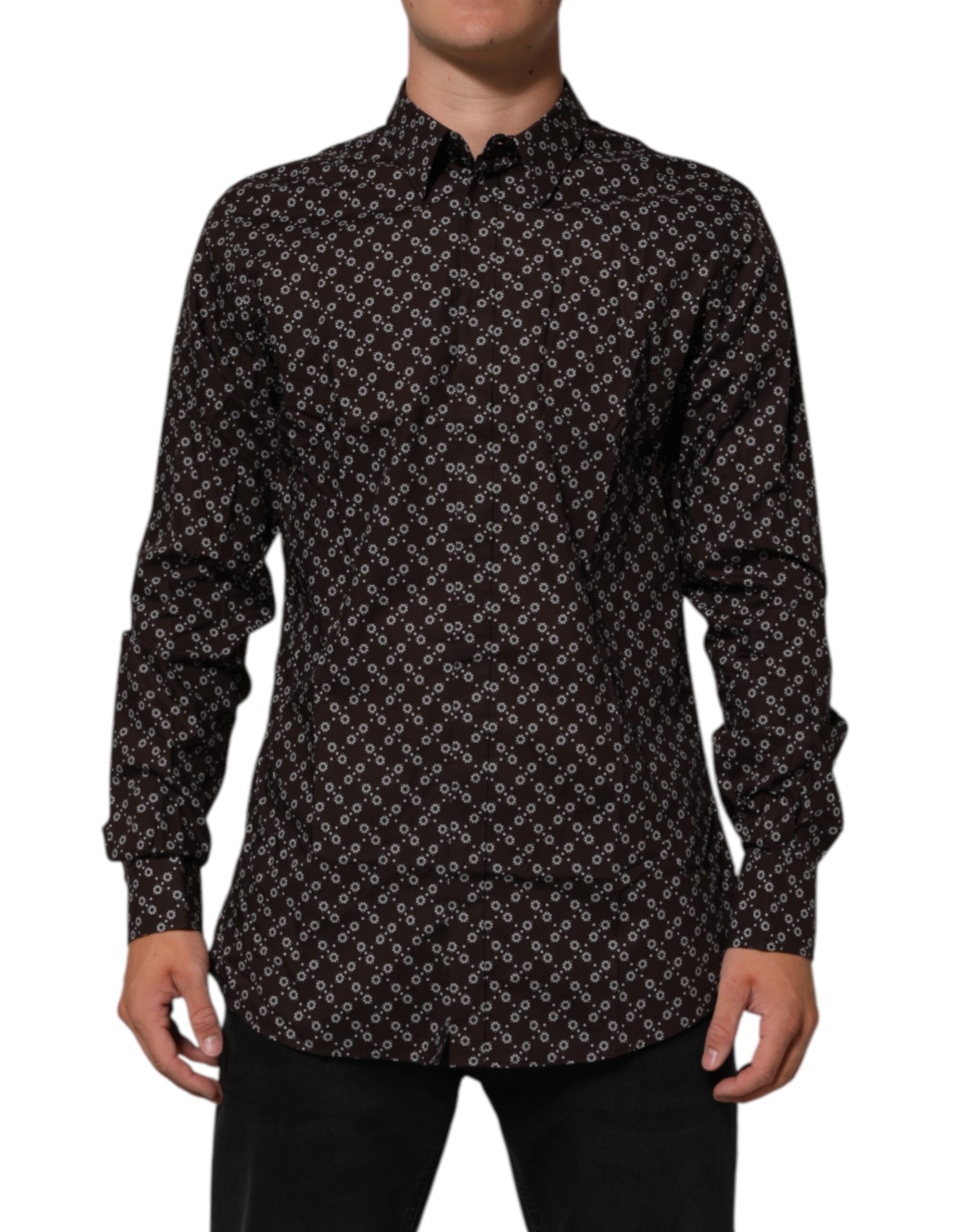 Dolce & Gabbana BrownFloral Collared GOLD Formal Dress Shirt LUNESCAPE