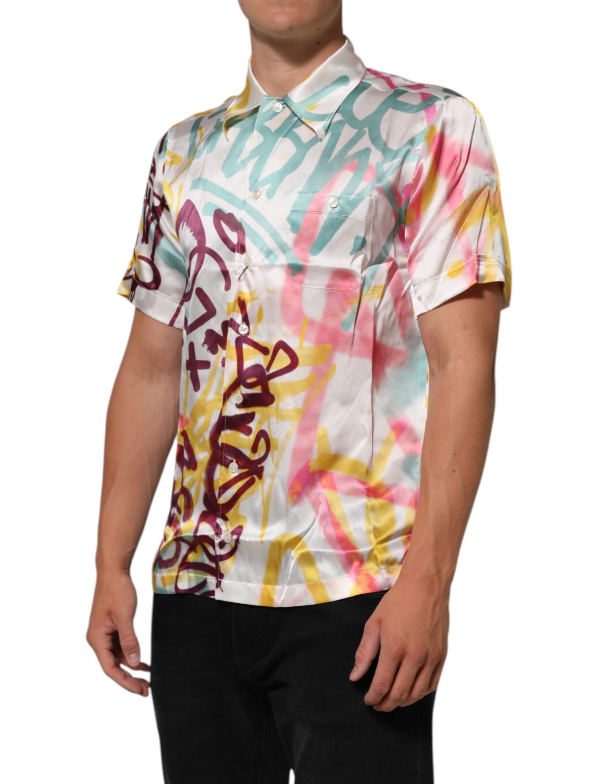Dolce & Gabbana White Silk Hawaiian Graffiti Print Men Casual Shirt LUNESCAPE