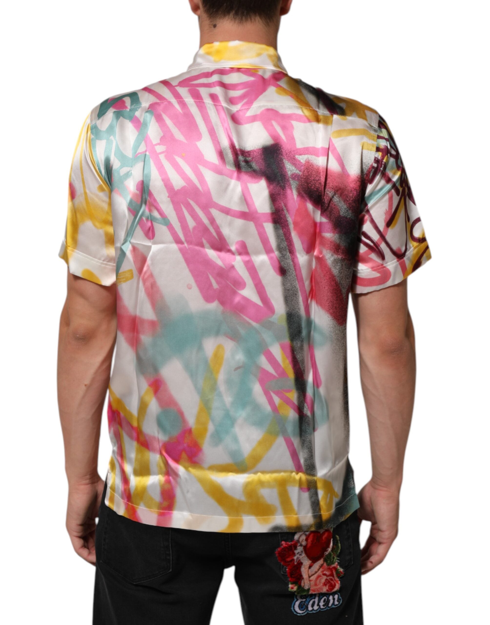 Dolce & Gabbana White Silk Hawaiian Graffiti Print Men Casual Shirt LUNESCAPE
