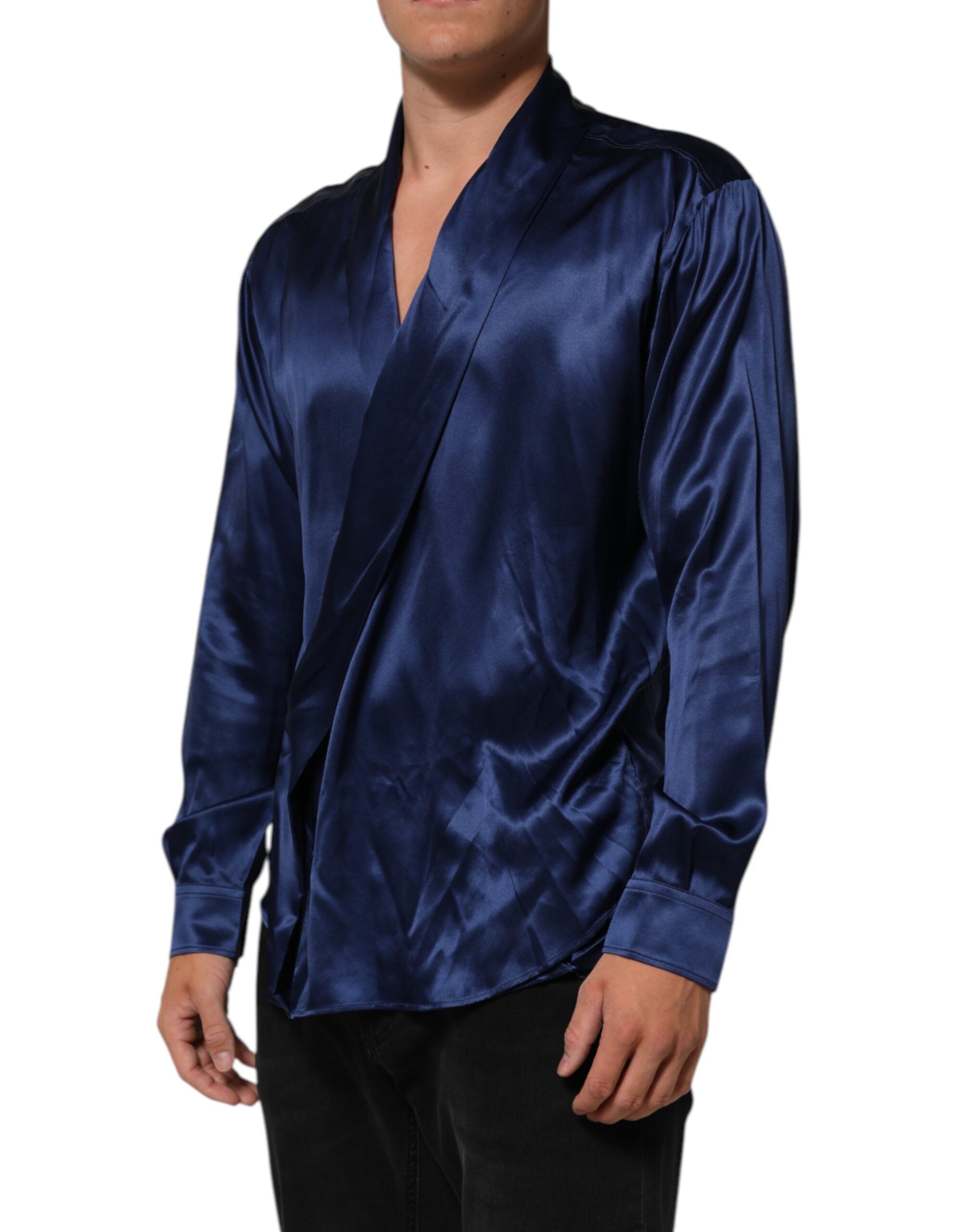 Dolce & Gabbana Blue Oversize Silk Satin Long Sleeves Shirt LUNESCAPE