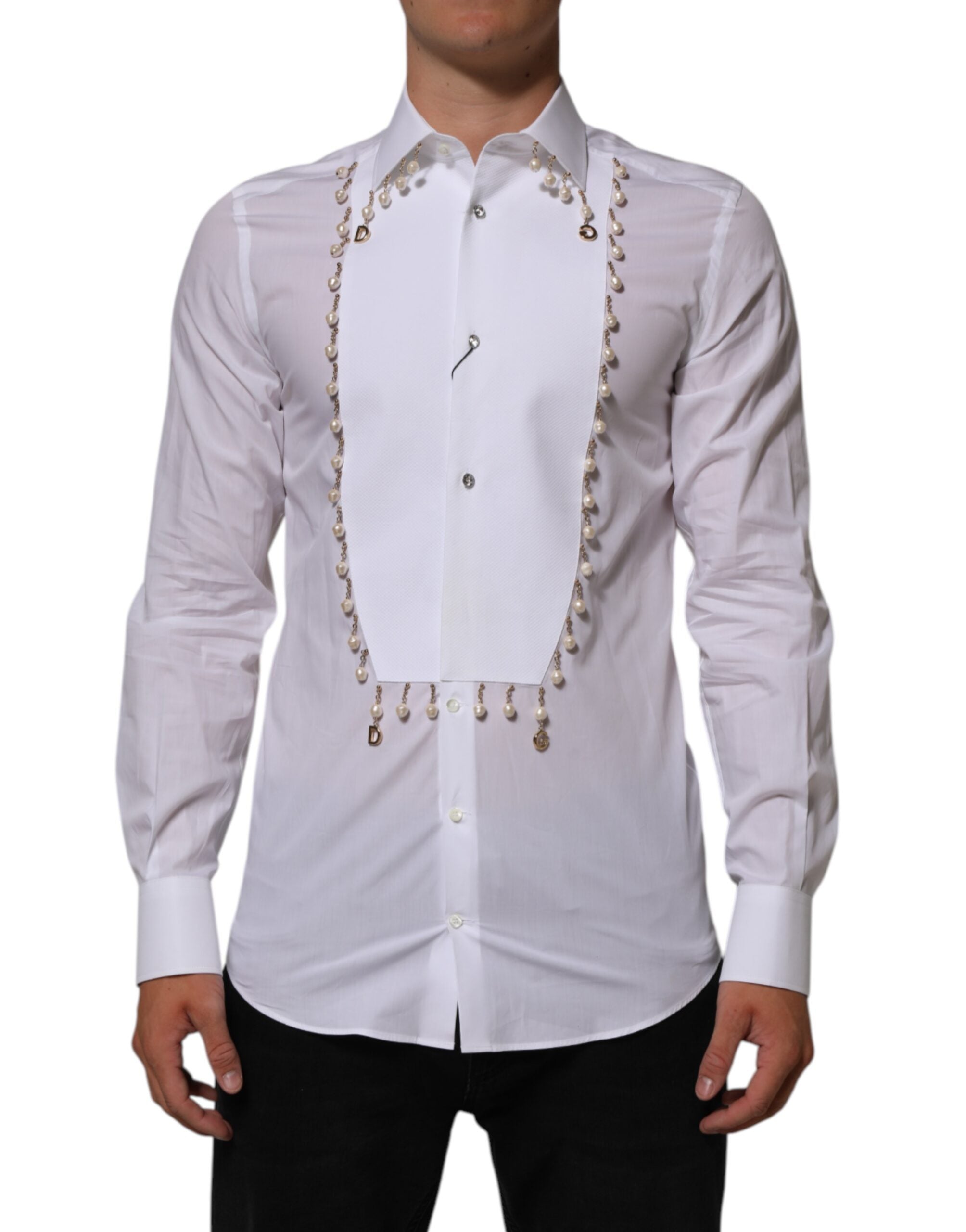 Dolce & Gabbana White Cotton DG Logo Pearl GOLD Formal Shirt LUNESCAPE