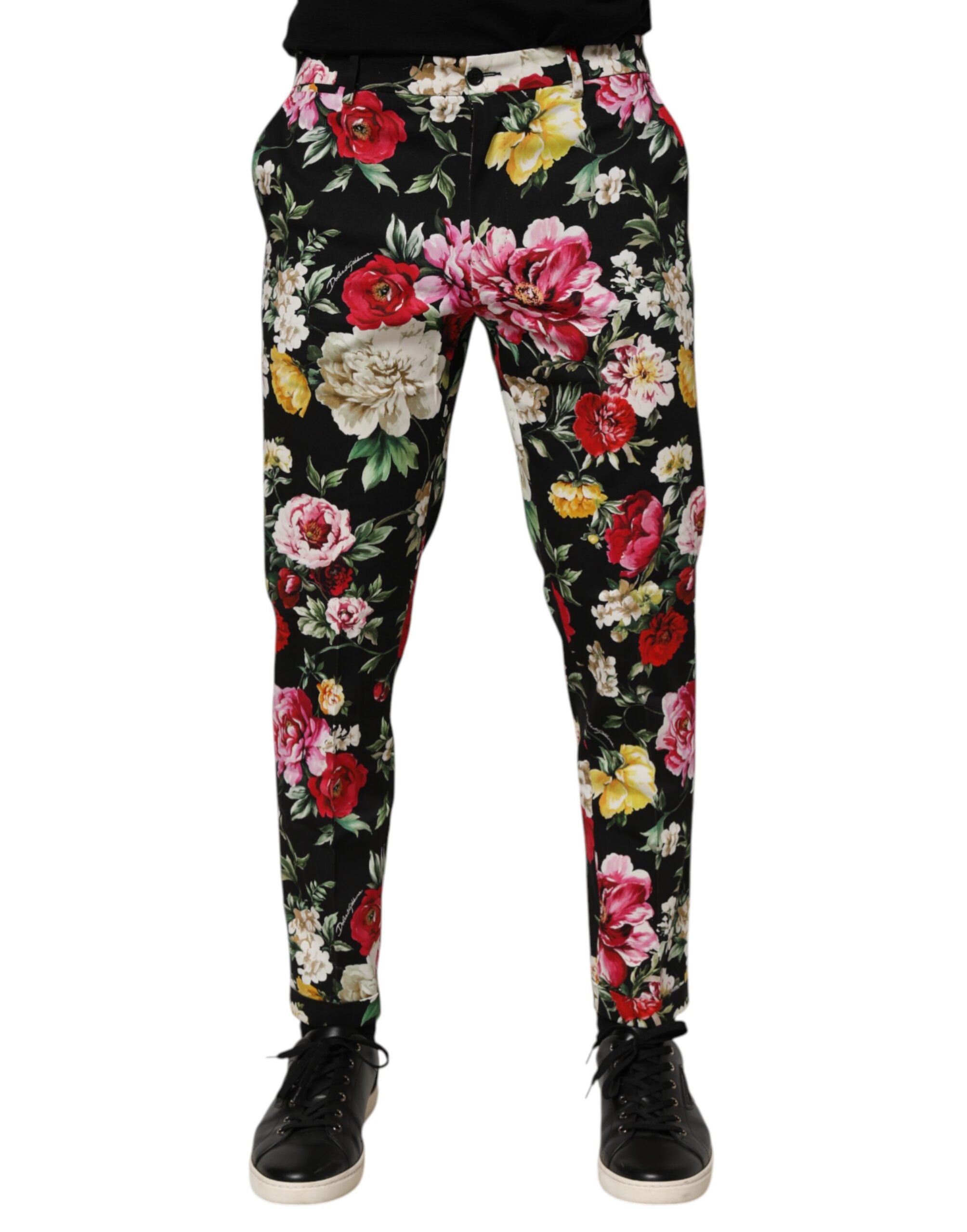 Dolce & Gabbana Black Floral Cotton Dress Formal Trouser Pants LUNESCAPE