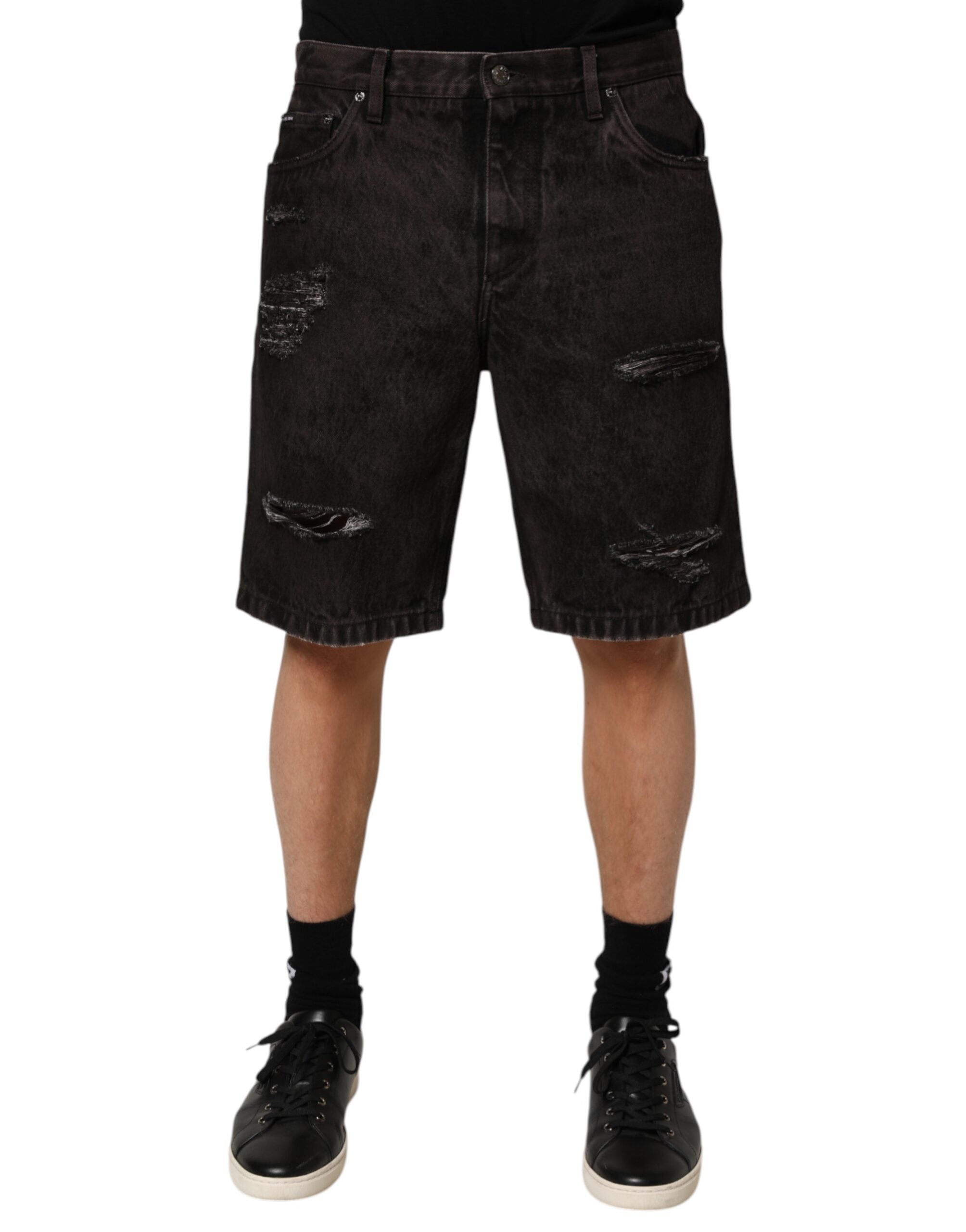Dolce & Gabbana Black Cotton Tattered Denim Men Bermuda Short LUNESCAPE