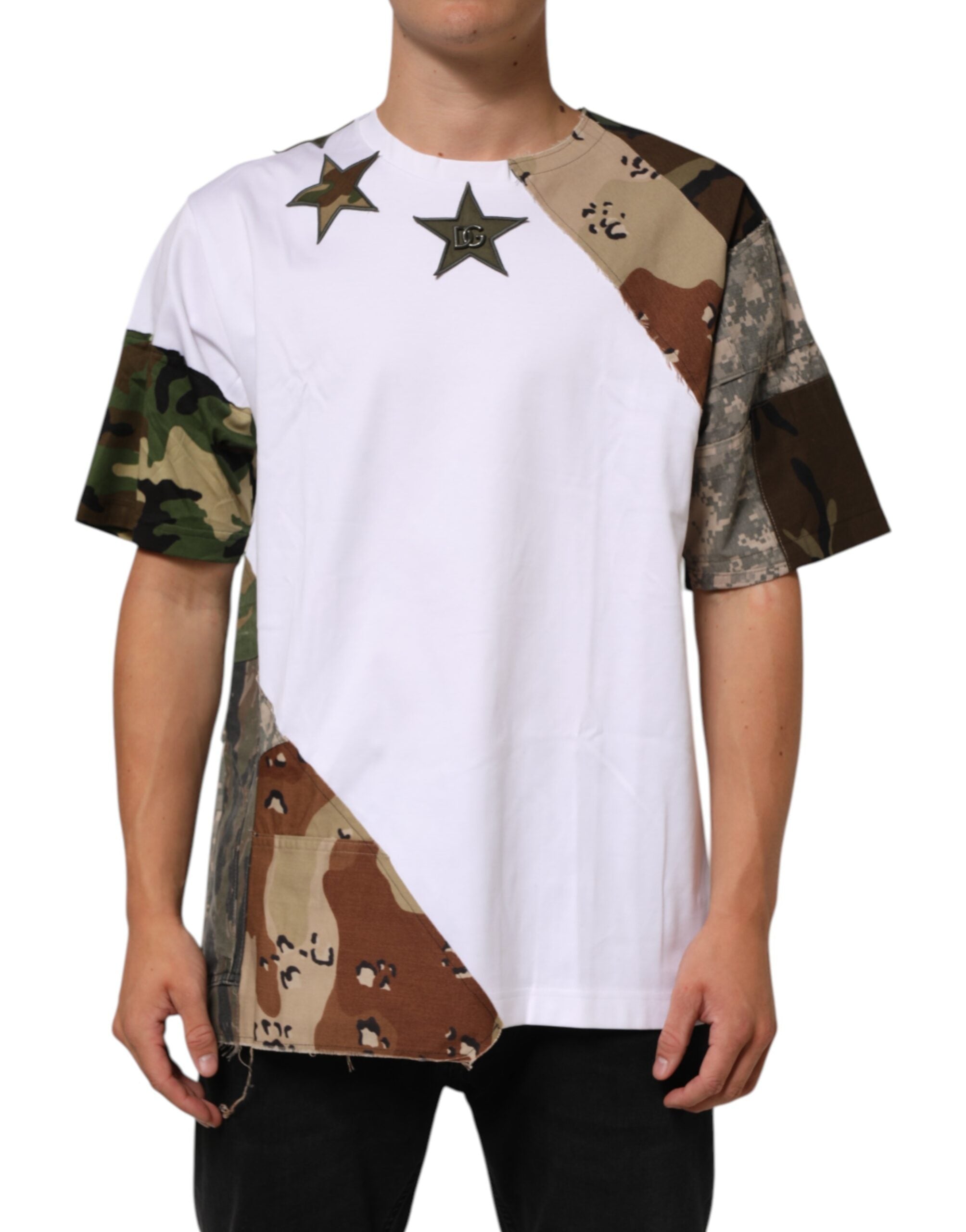 Dolce & Gabbana White Camouflage Patckwork Men Cotton T-shirt