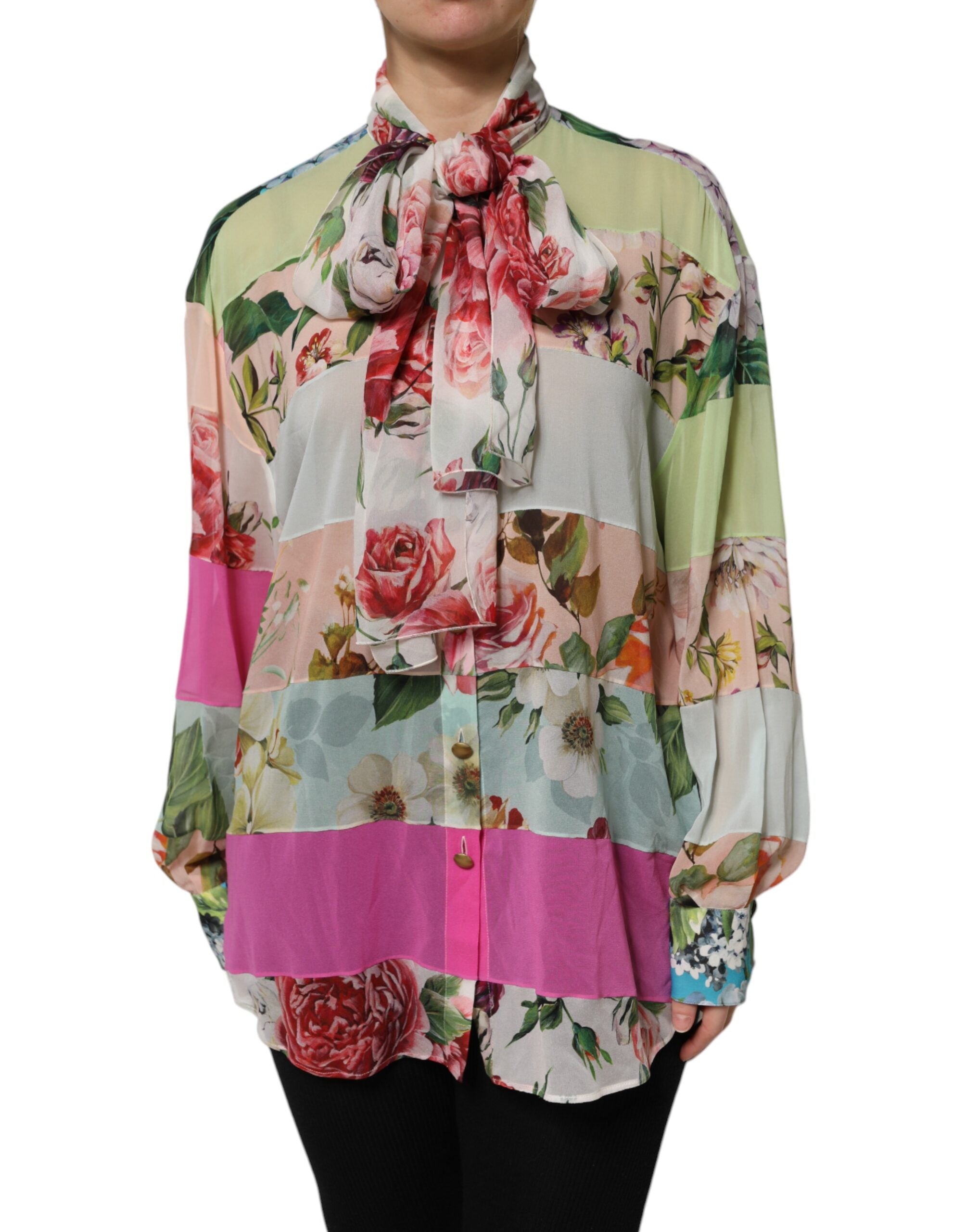 Dolce & Gabbana Multicolor Floral Patchwork Silk Ascot Collar Top LUNESCAPE