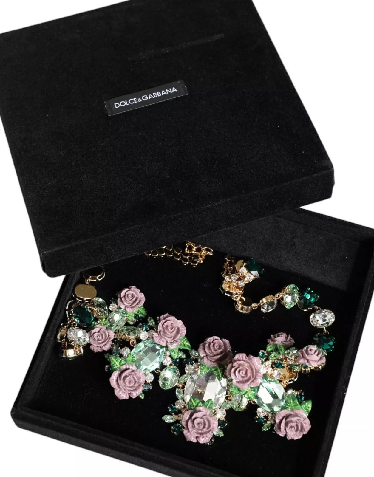 Dolce & Gabbana Gold Brass Link Chain Rose Petal Crystal Necklace LUNESCAPE
