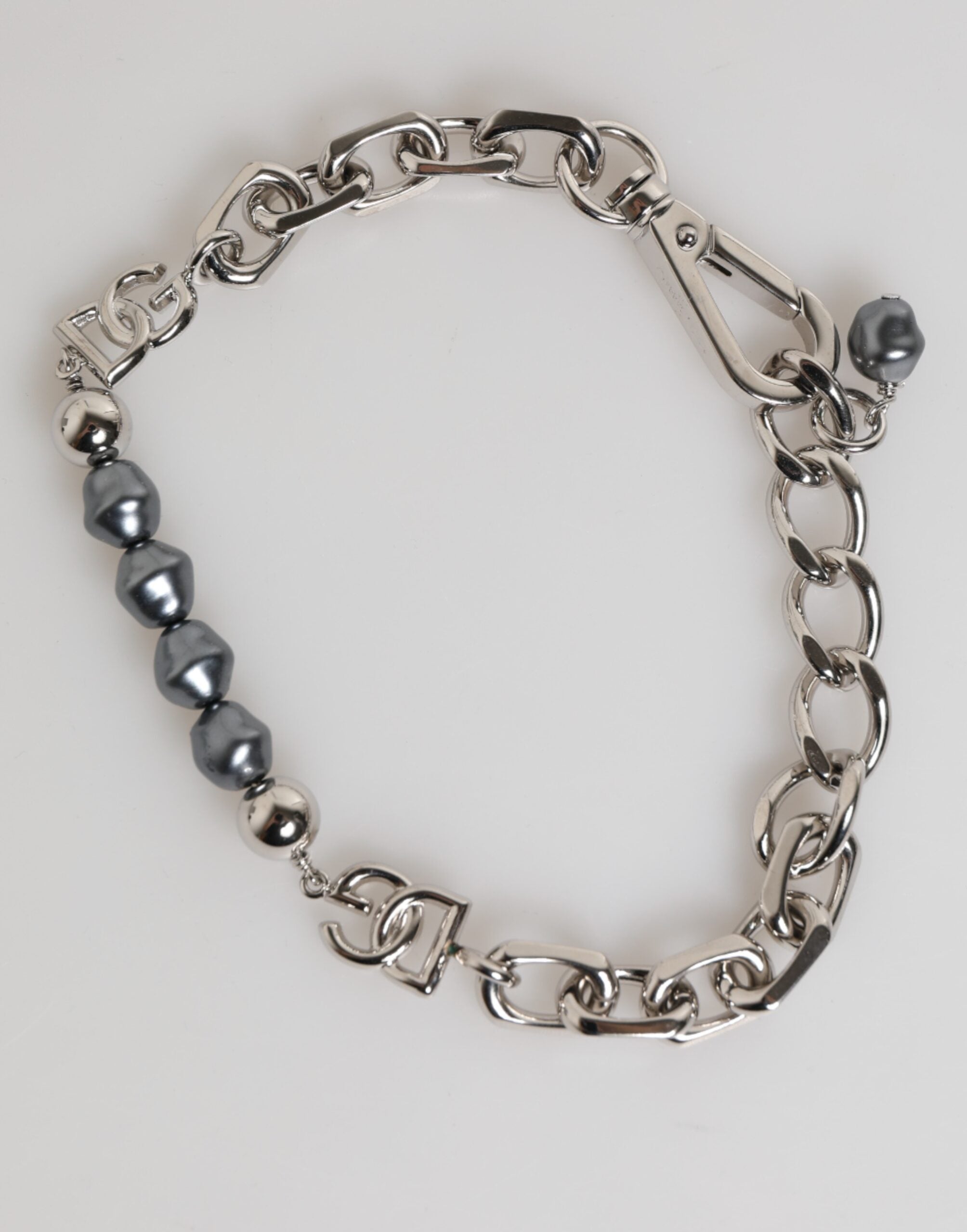 Dolce & Gabbana Silver Tone Chain Lobster Clasp Logo Gray Pearls Bracelet LUNESCAPE