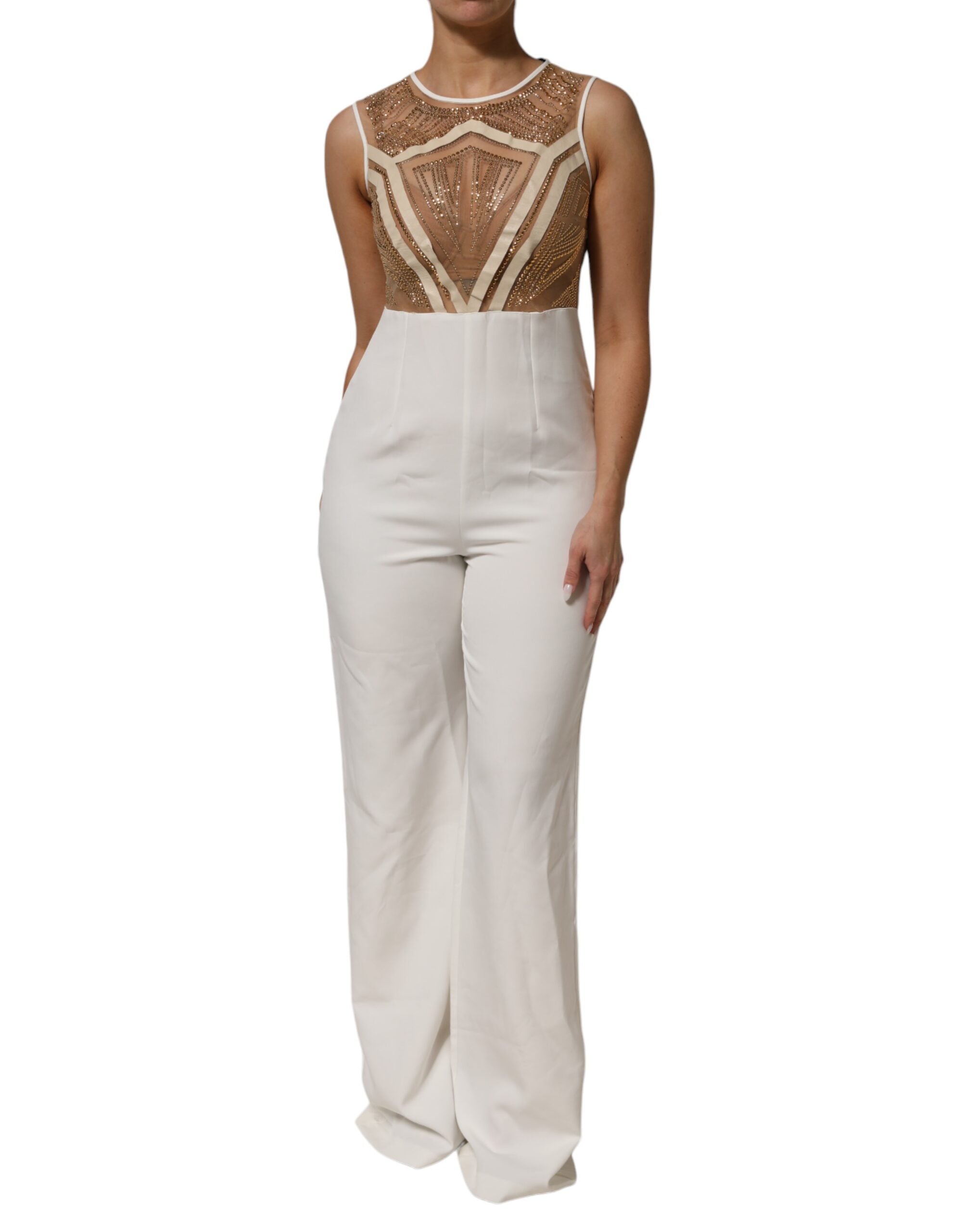 Mangano White Beige Mesh Crystal Embellished Sleeveless Jumpsuit LUNESCAPE
