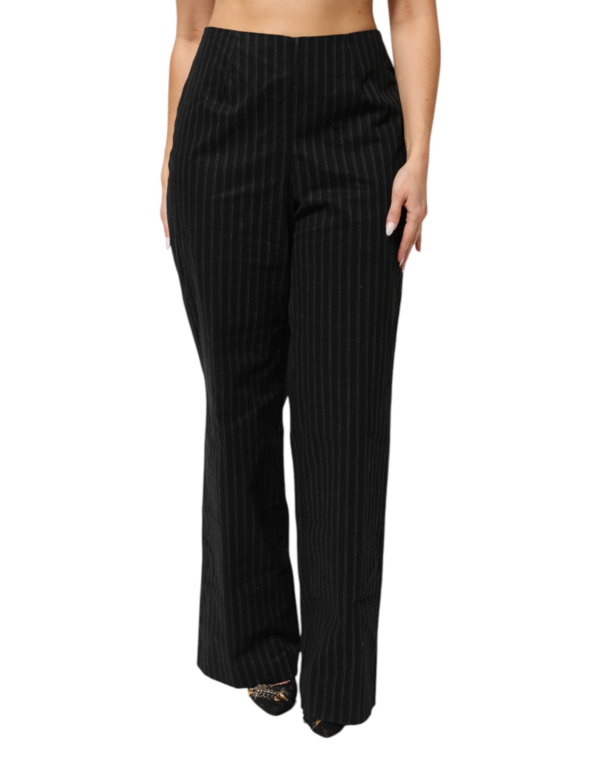 BENCIVENGA Black Wool Blend Pinstripe Straight Leg Pants LUNESCAPE