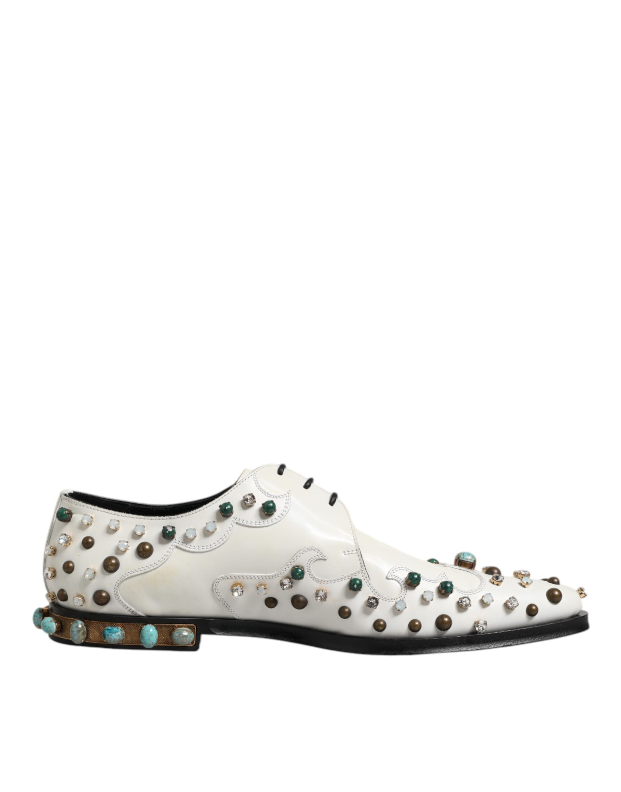Dolce & Gabbana White Leather Crystals Embellished Derby Shoes LUNESCAPE