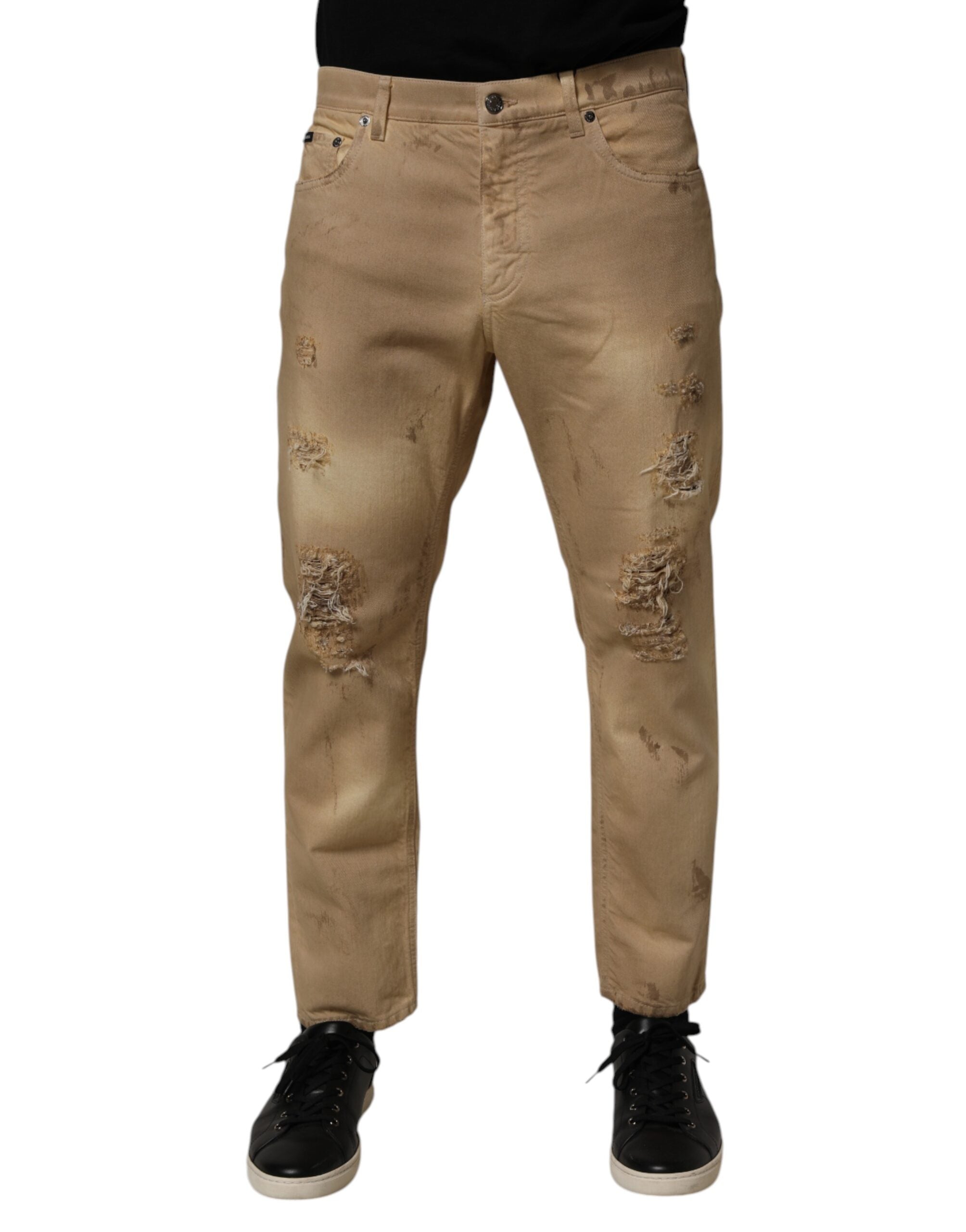 Dolce & Gabbana Beige Cotton Loose Tattered Men Denim Jeans LUNESCAPE