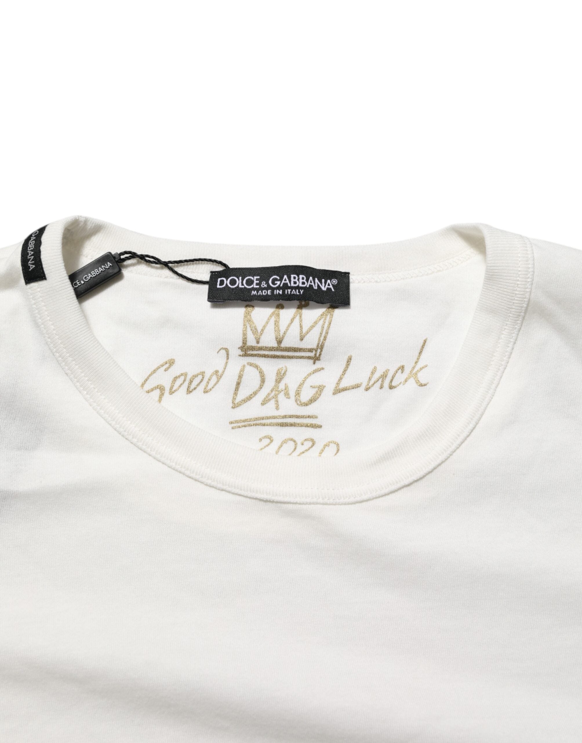 Dolce & Gabbana White Cotton Goodluck 2020 Crew Neck T-shirt LUNESCAPE