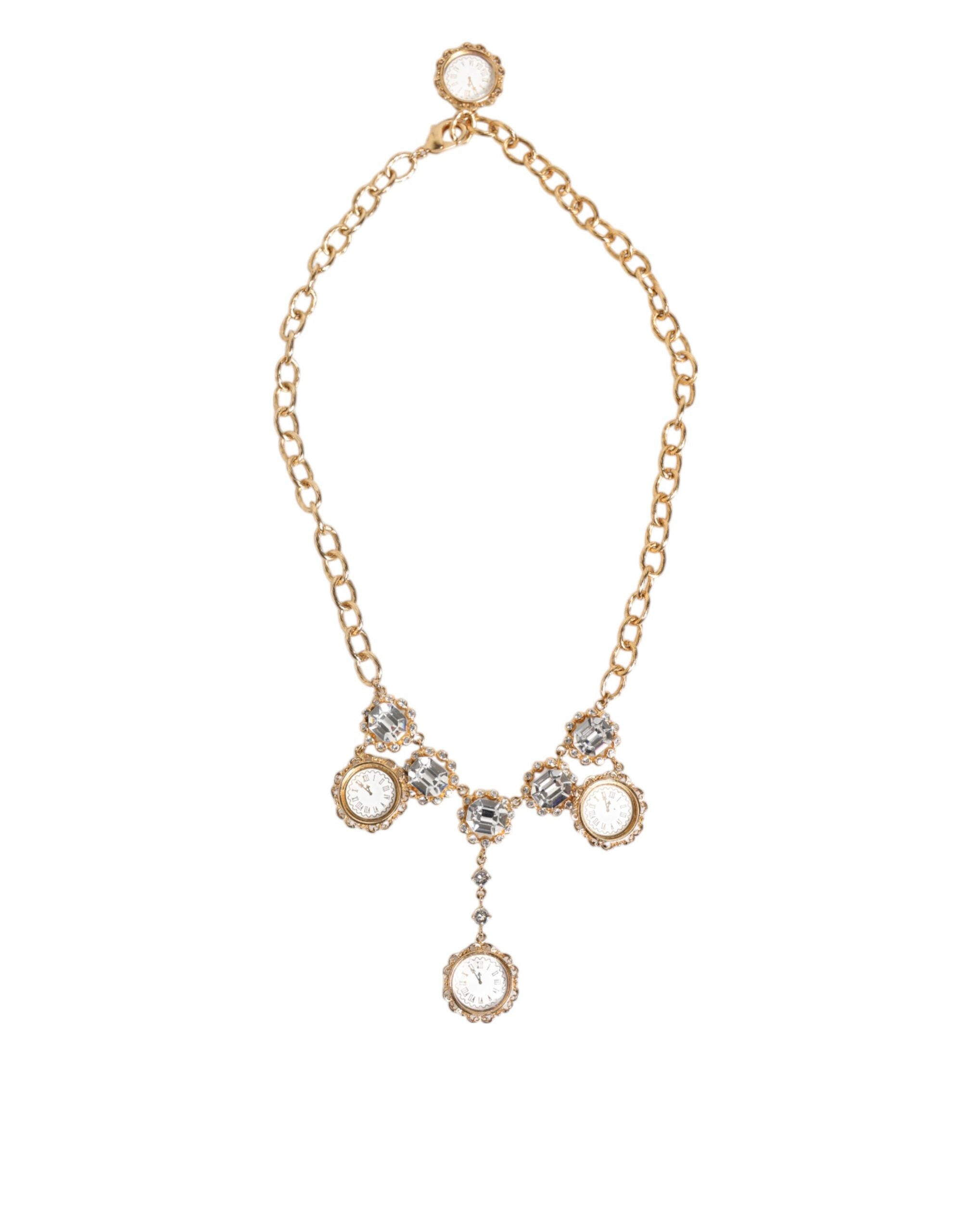 Dolce & Gabbana Gold Crystal Clock Pendant Statement Jewelry Necklace LUNESCAPE