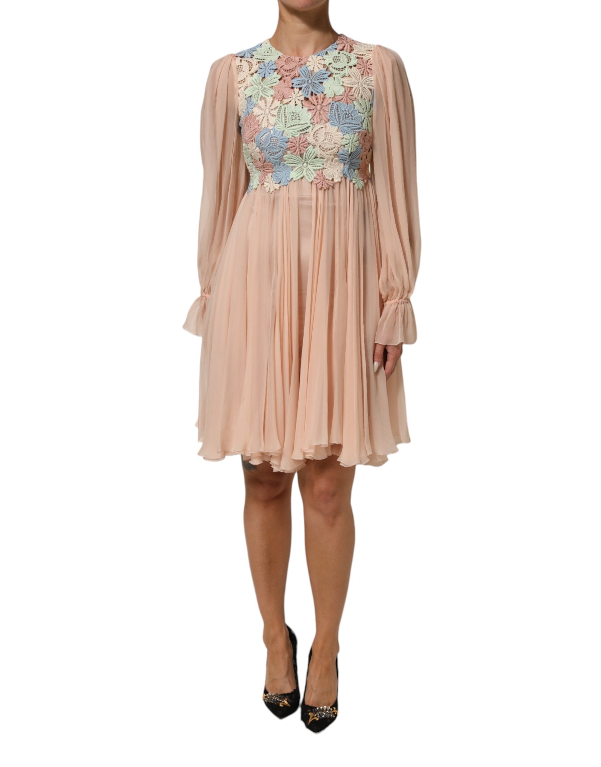 Dolce & Gabbana Pink Floral Embroidery Pleated A-line Dress LUNESCAPE