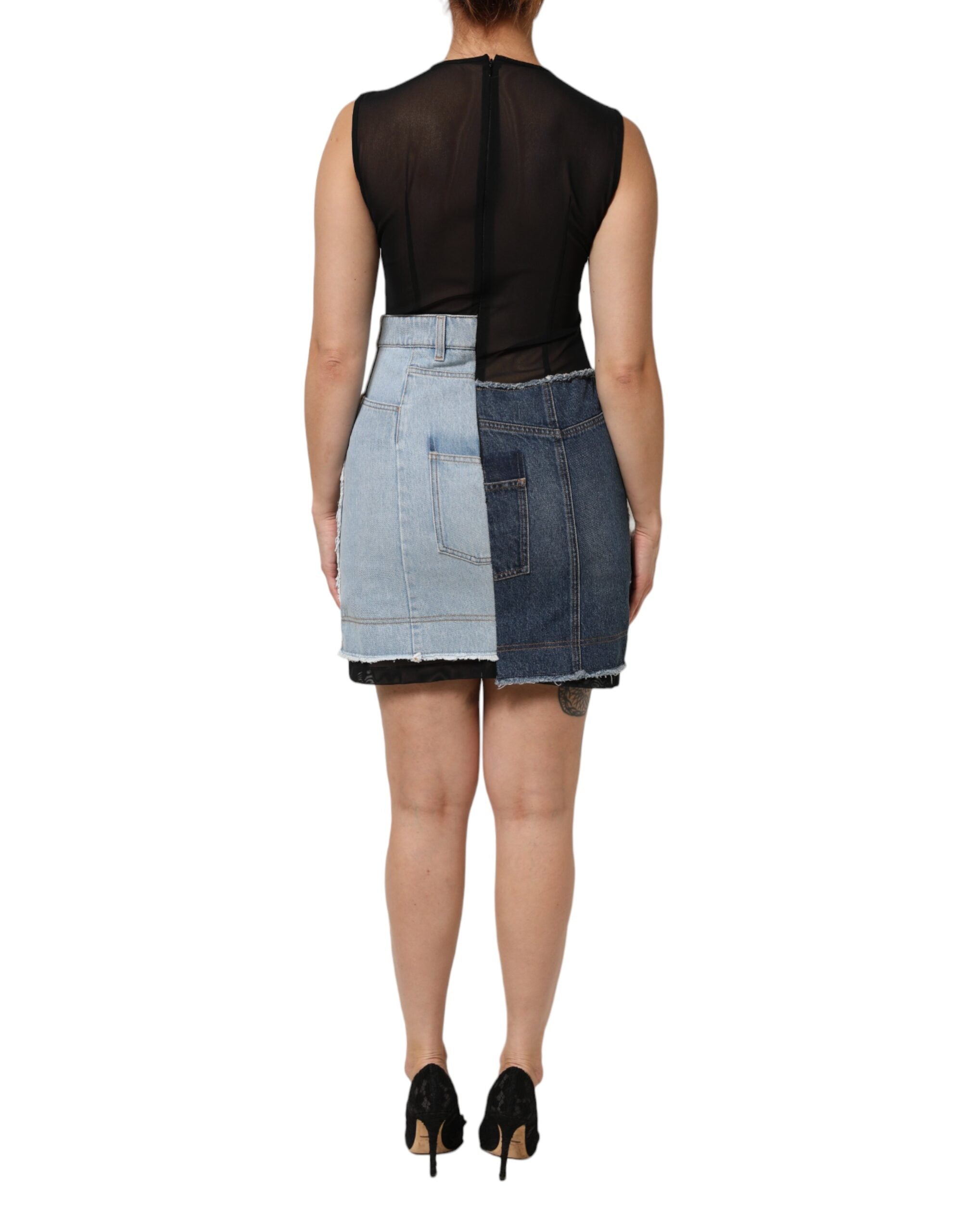 Dolce & Gabbana Blue Nylon Patchwork Denim Sheath Mini Dress