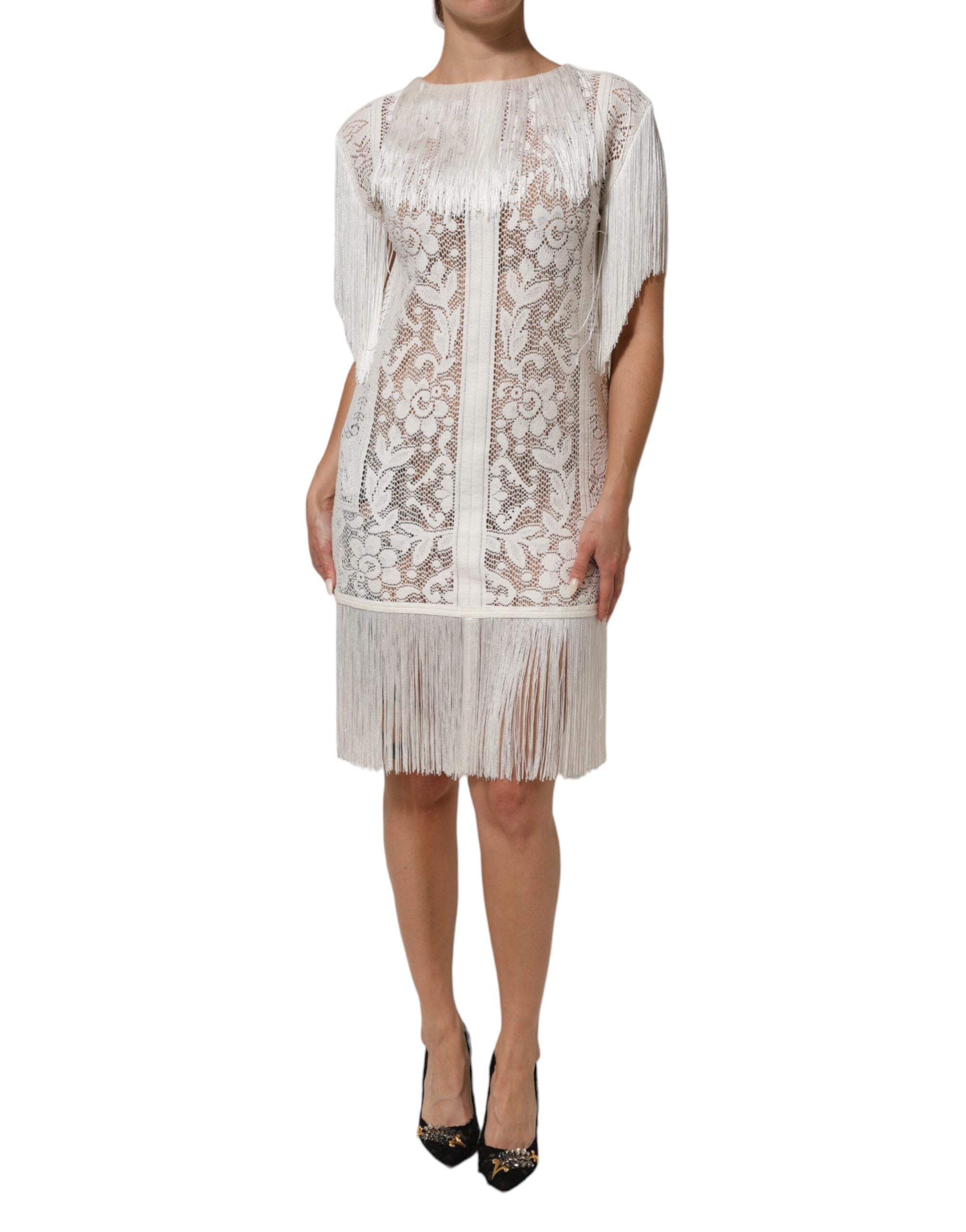 Dolce & Gabbana White Floral Lace Fringe Knee Length Dress LUNESCAPE