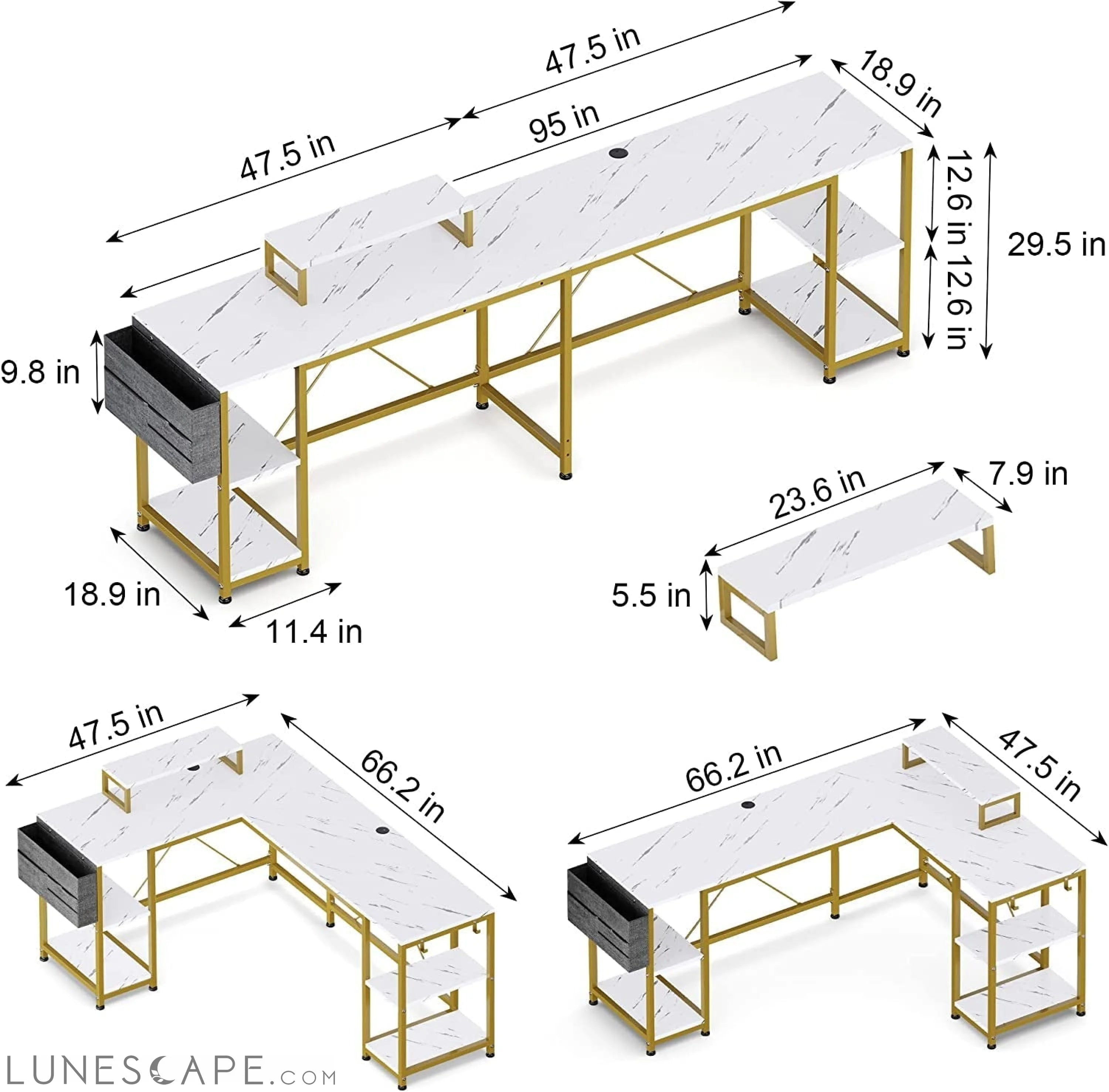 95″ Reversible L-Shaped Desk with Storage and Accessories LUNESCAPE
