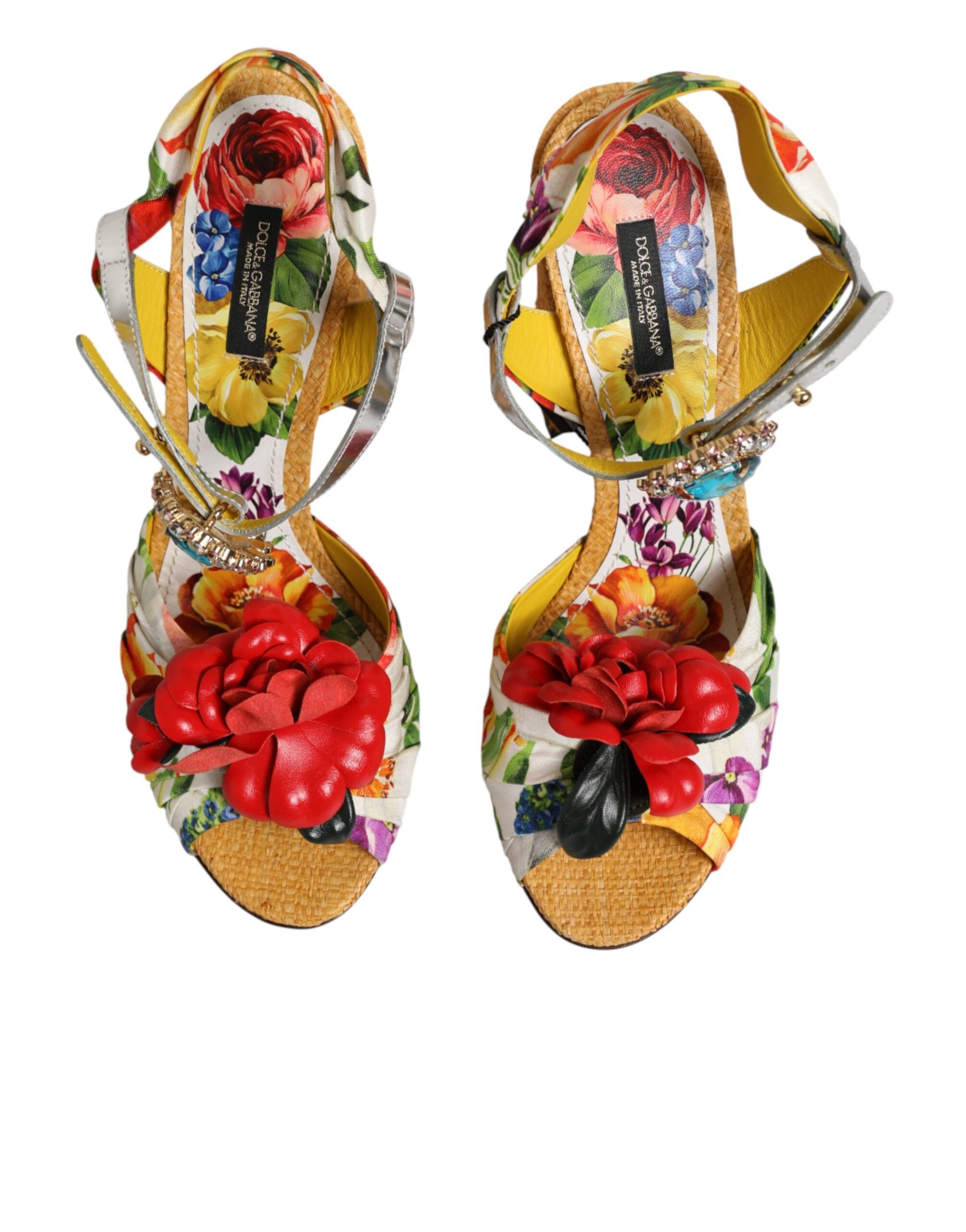 Dolce & Gabbana Yellow Floral Crystal Embellished Block Heel Slingback Sandal