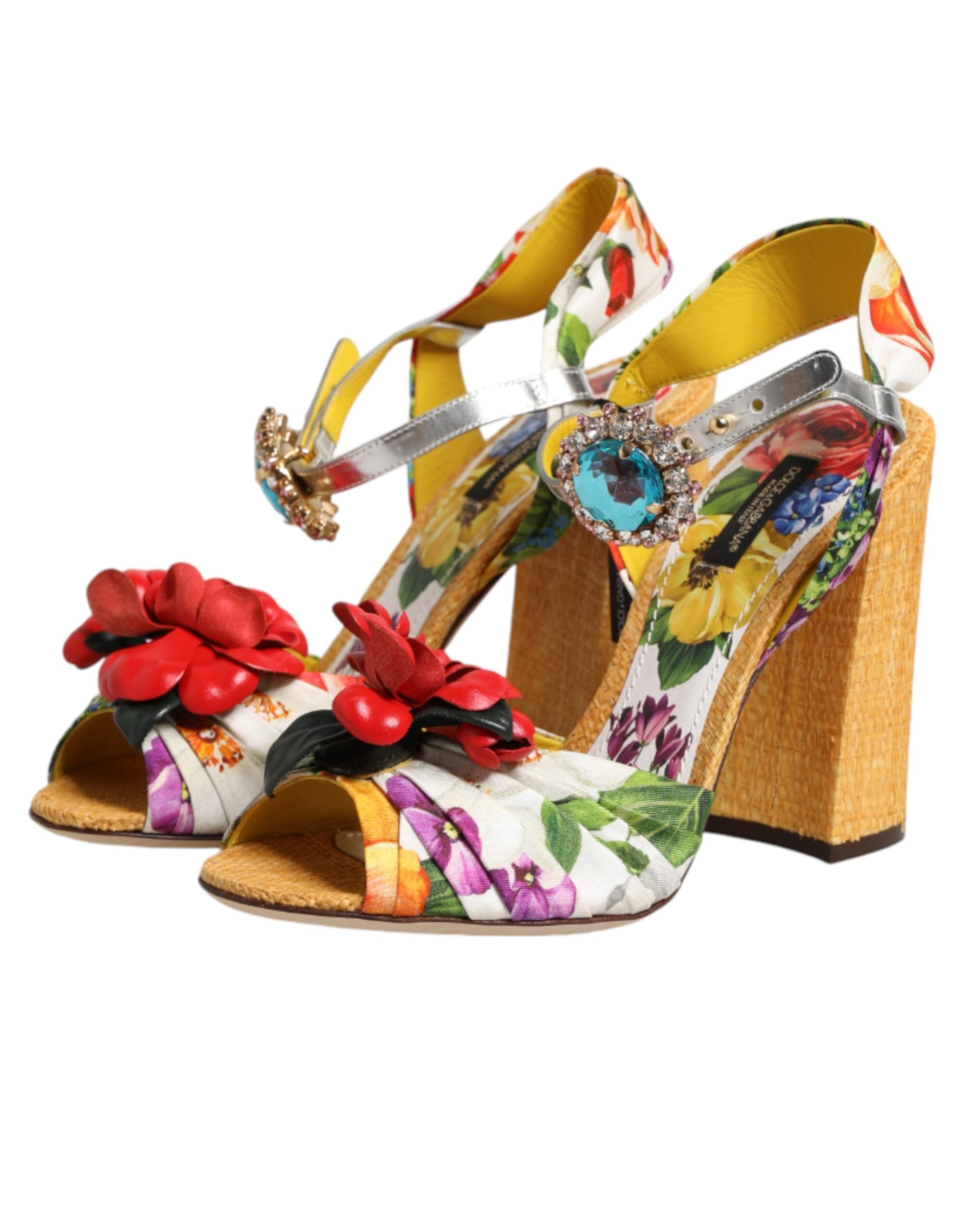 Dolce & Gabbana Yellow Floral Crystal Embellished Block Heel Slingback Sandal