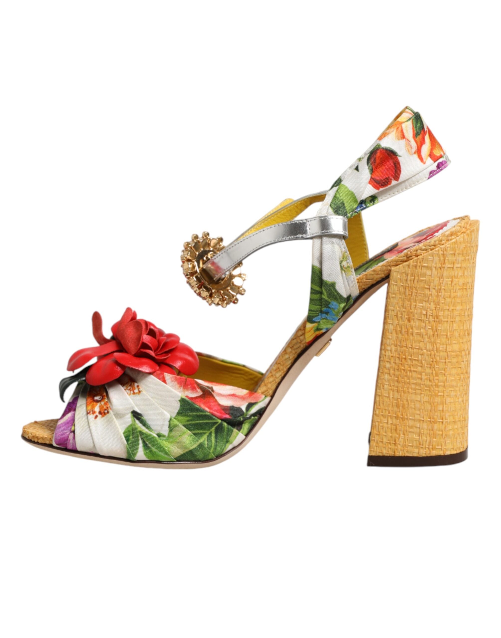 Dolce & Gabbana Yellow Floral Crystal Embellished Block Heel Slingback Sandal