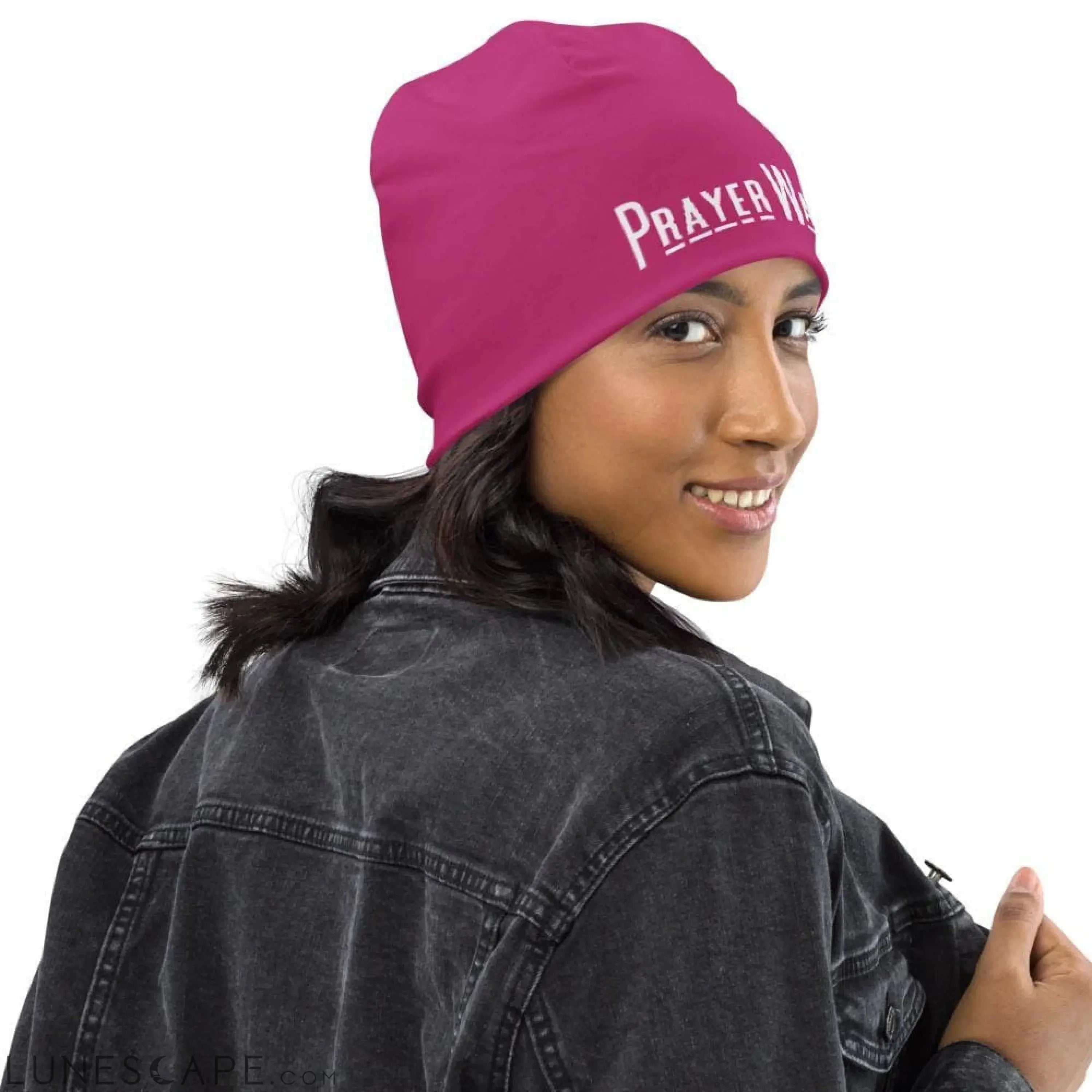 Beanie Hat - Pink Slouchy Beanie Prayer Warrior Print Men/women LUNESCAPE