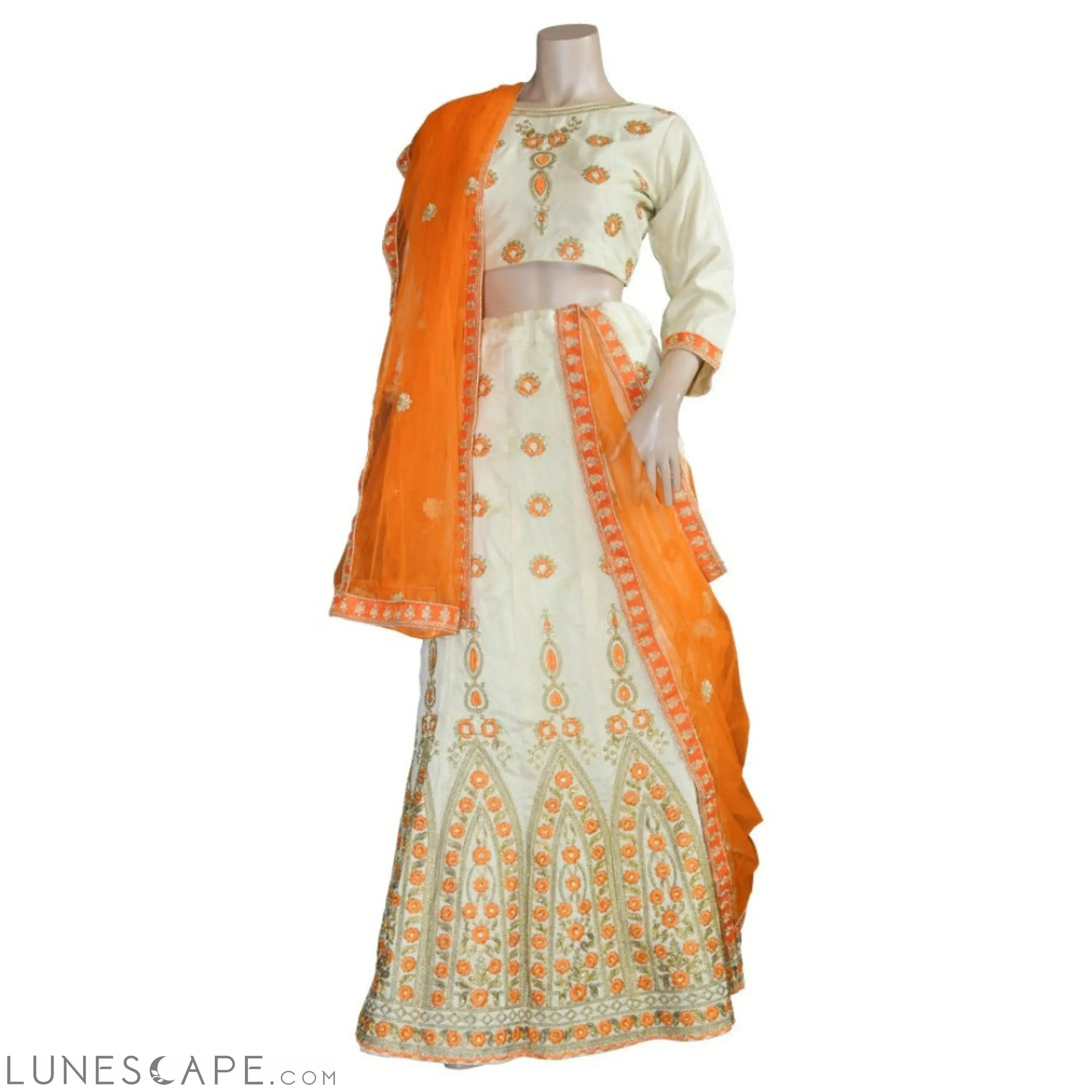 Beige Embroidered Lehenga With Orange or Pink Embroidery and Contrast Duppatta LUNESCAPE