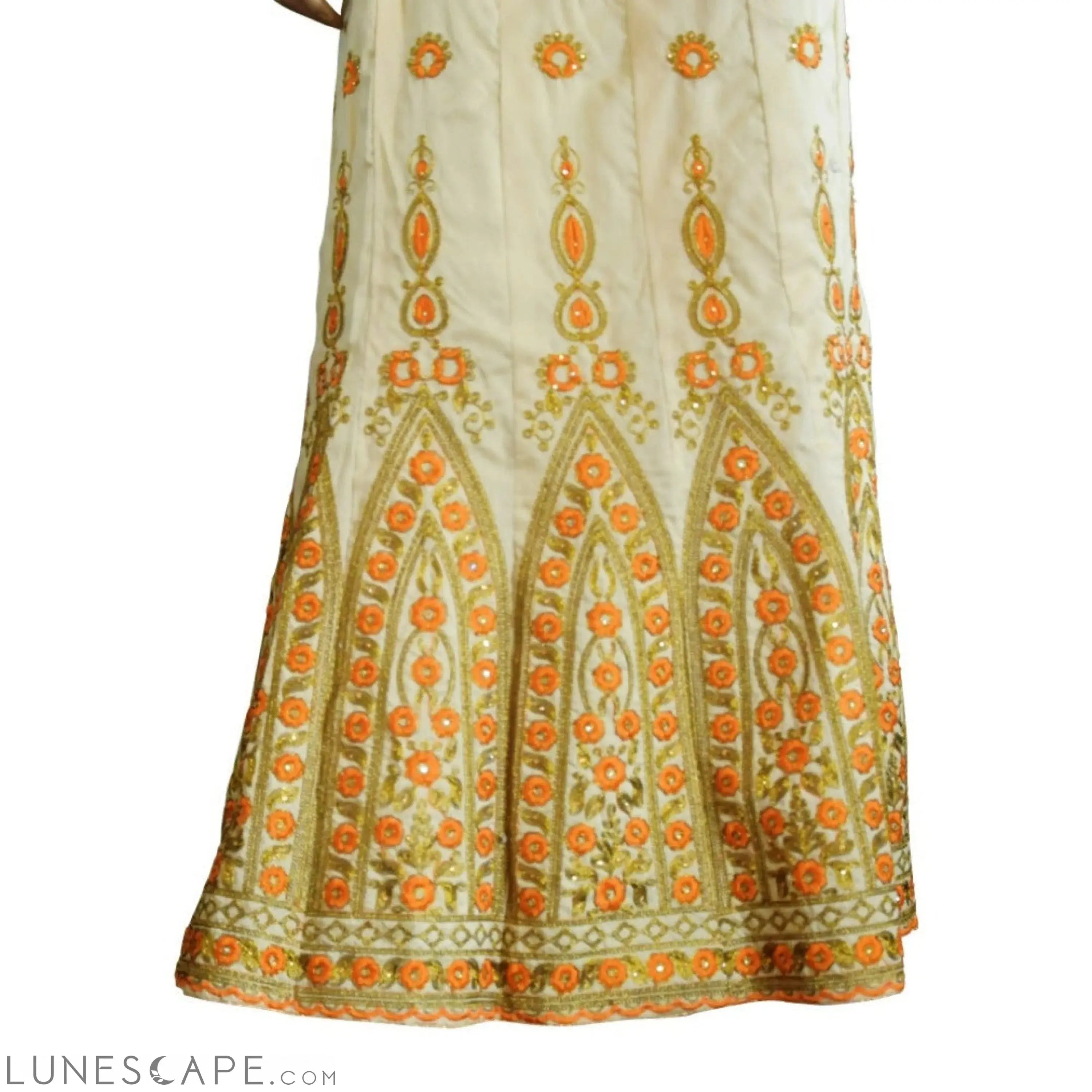 Beige Embroidered Lehenga With Orange or Pink Embroidery and Contrast Duppatta LUNESCAPE
