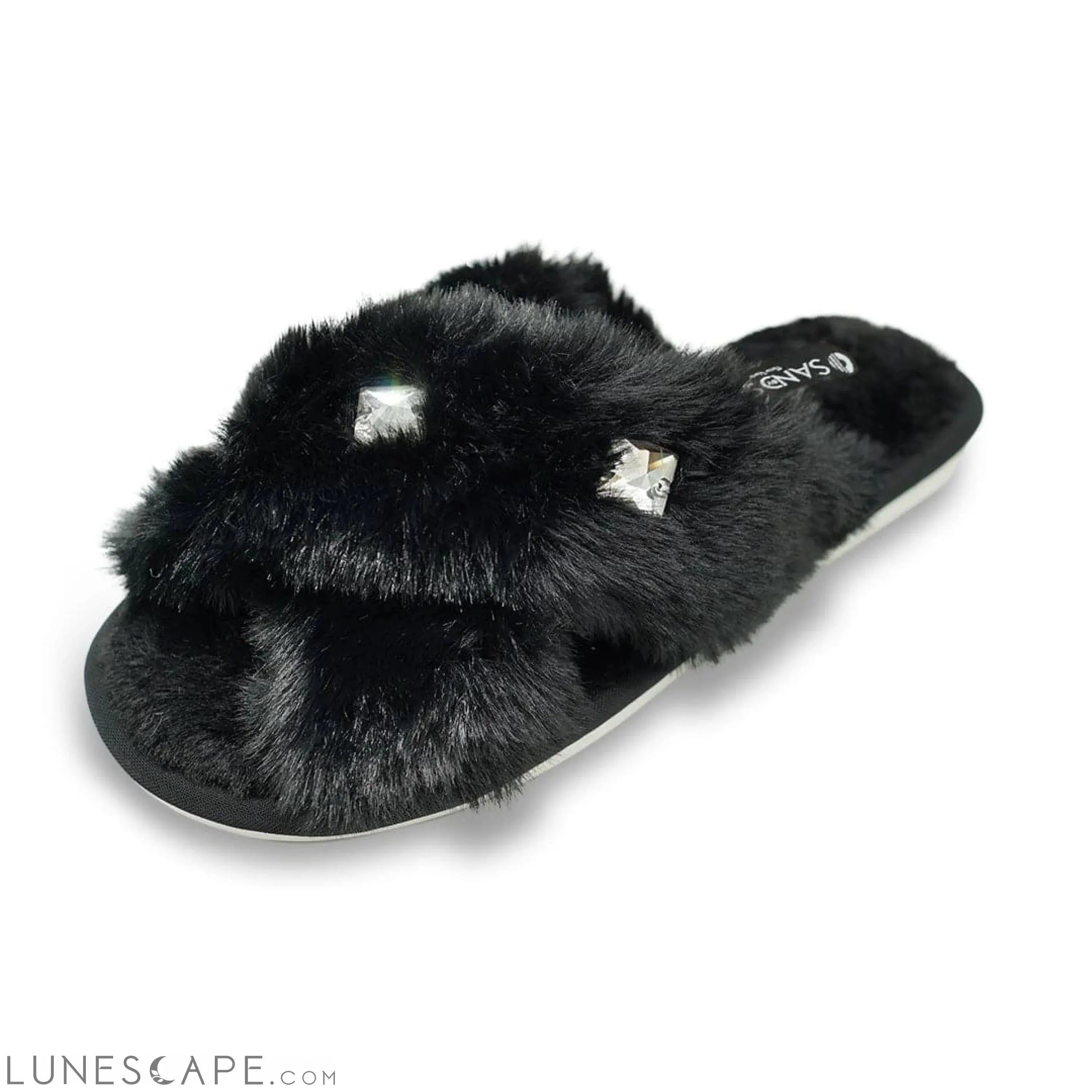 Black Fur Slippers - Studs Crystal Embellished Fluffy Womens Room Shoes LUNESCAPE