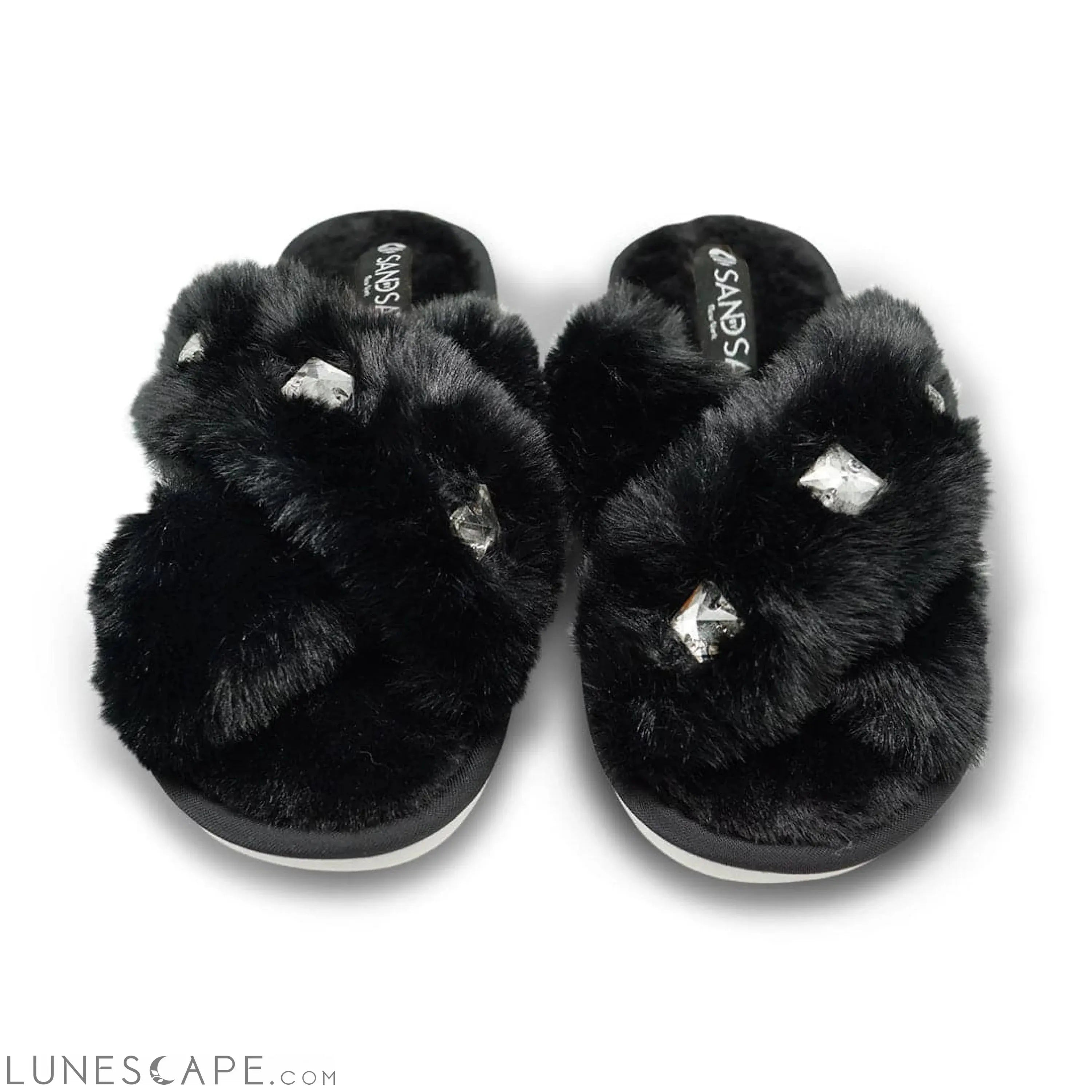 Black Fur Slippers - Studs Crystal Embellished Fluffy Womens Room Shoes LUNESCAPE