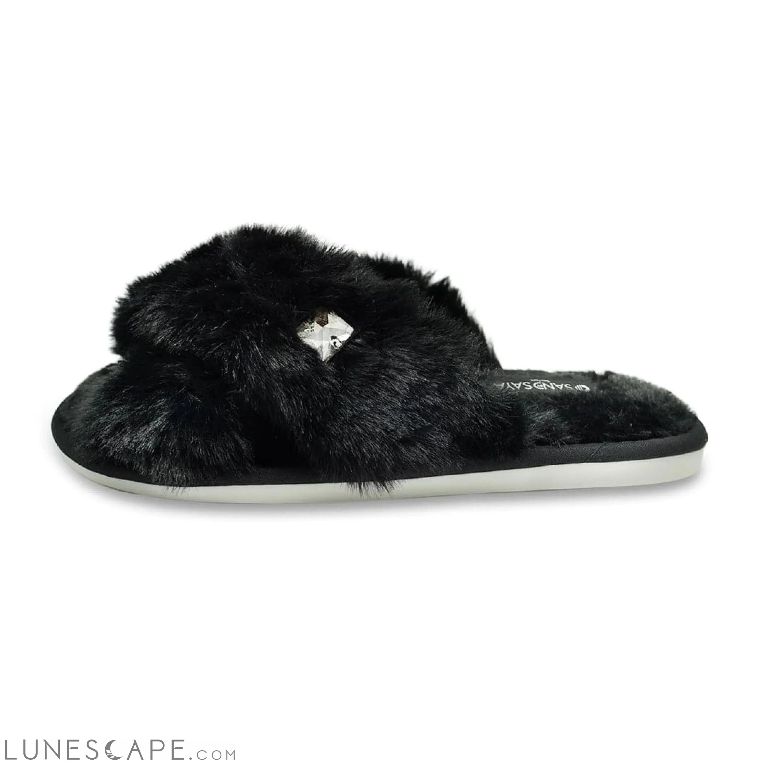 Black Fur Slippers - Studs Crystal Embellished Fluffy Womens Room Shoes LUNESCAPE