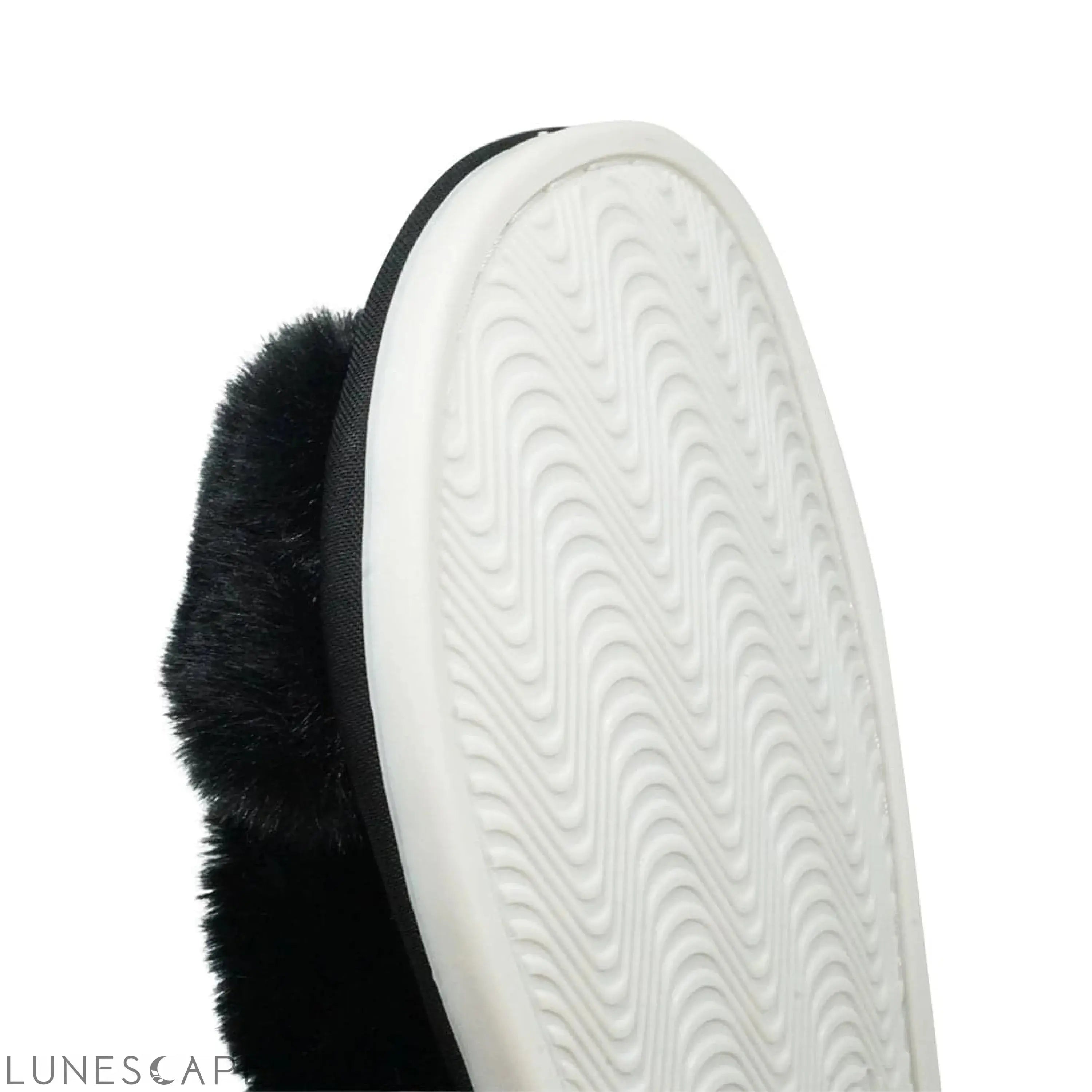Black Fur Slippers - Studs Crystal Embellished Fluffy Womens Room Shoes LUNESCAPE