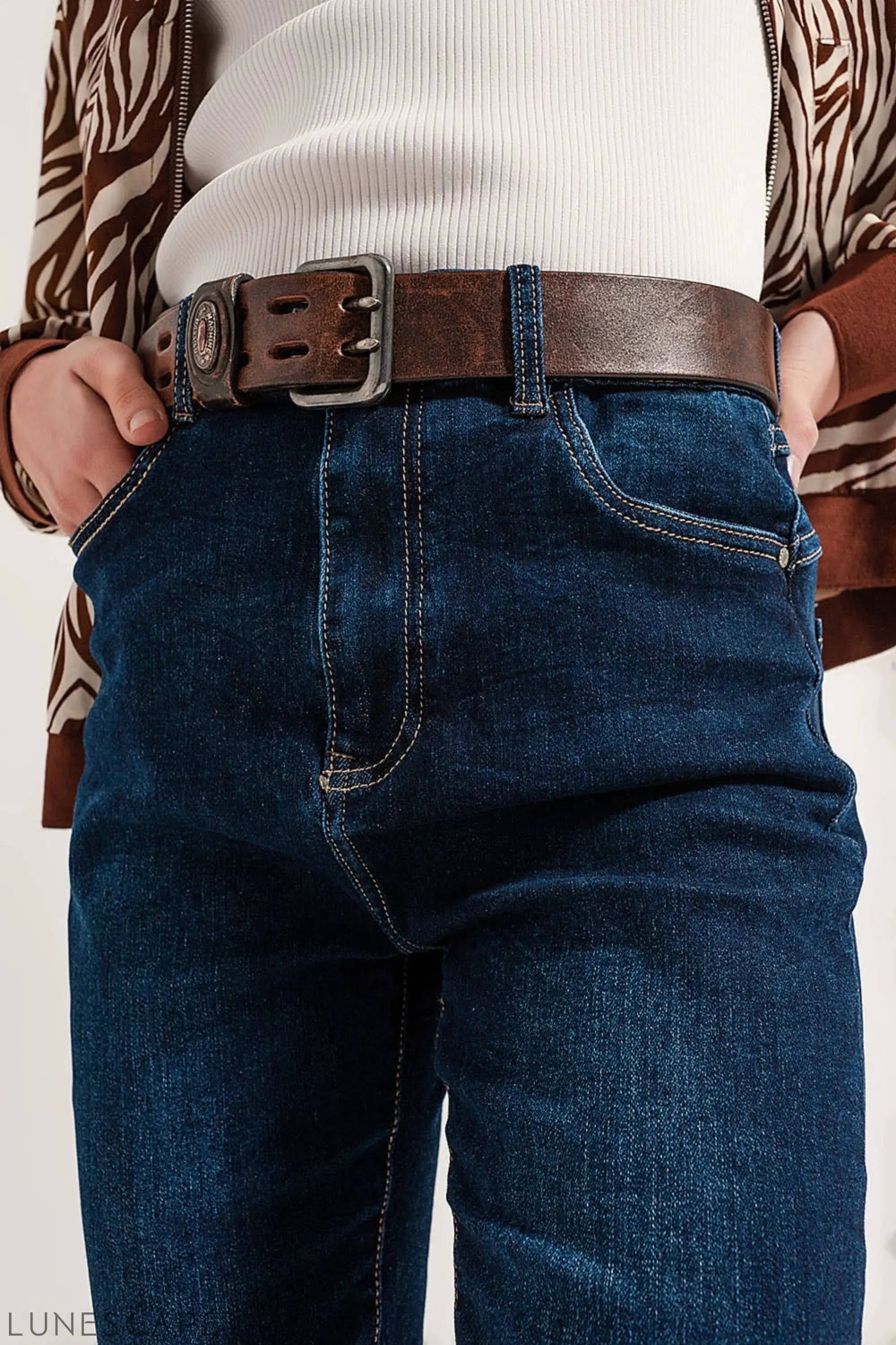 Blend Cotton Straight Leg Jeans in Mid Blue LUNESCAPE