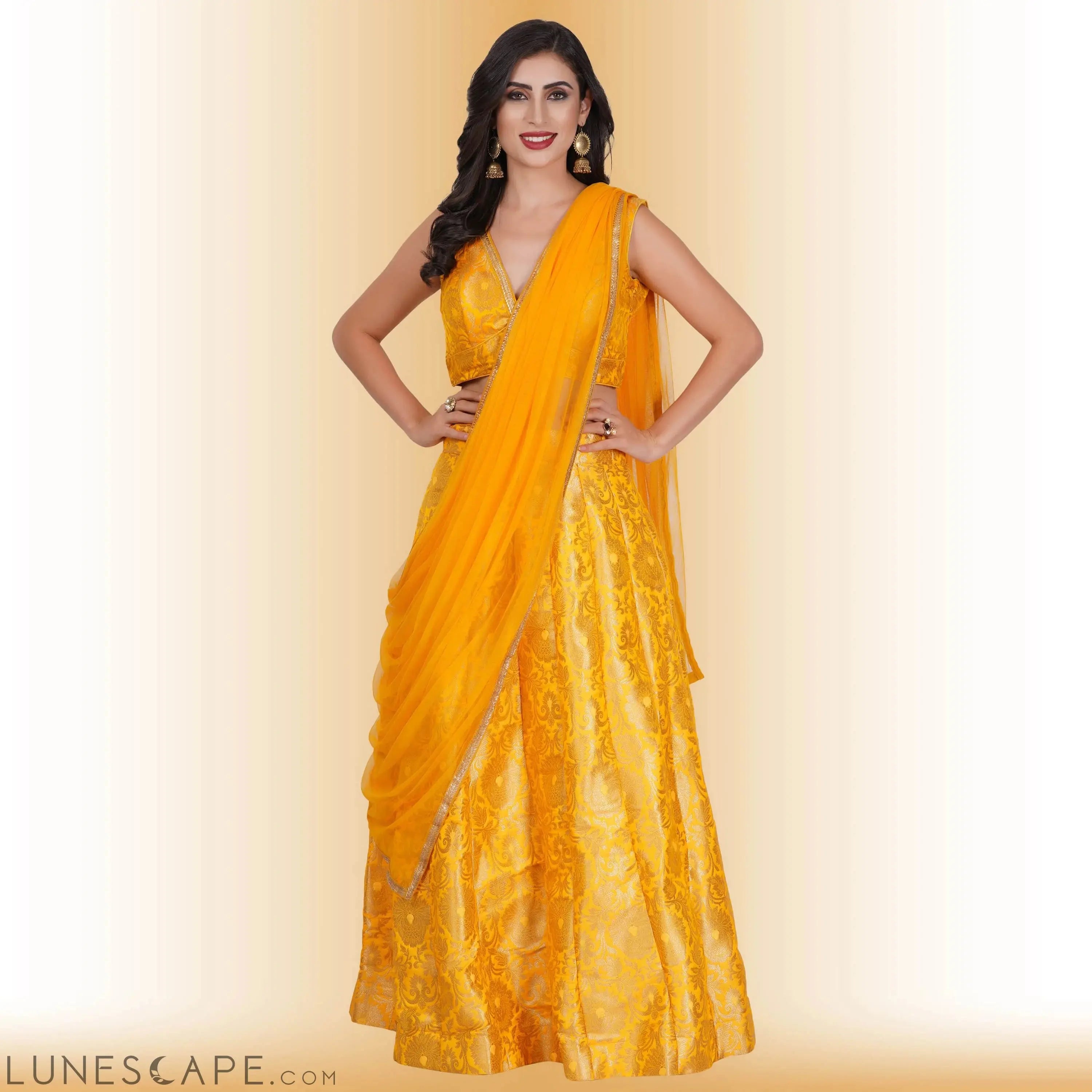 Brocade Party Lehenga - Yellow LUNESCAPE