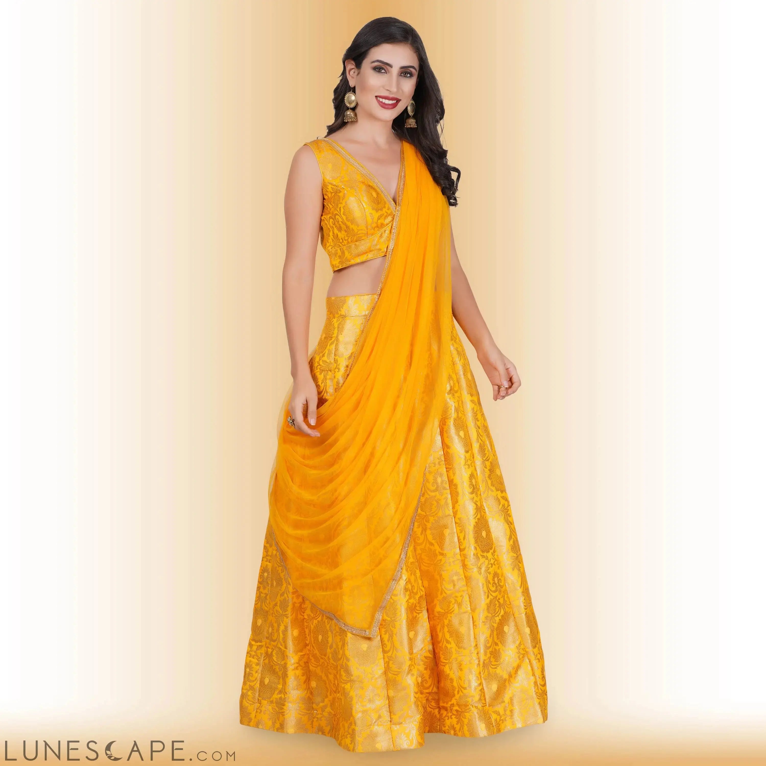 Brocade Party Lehenga - Yellow LUNESCAPE