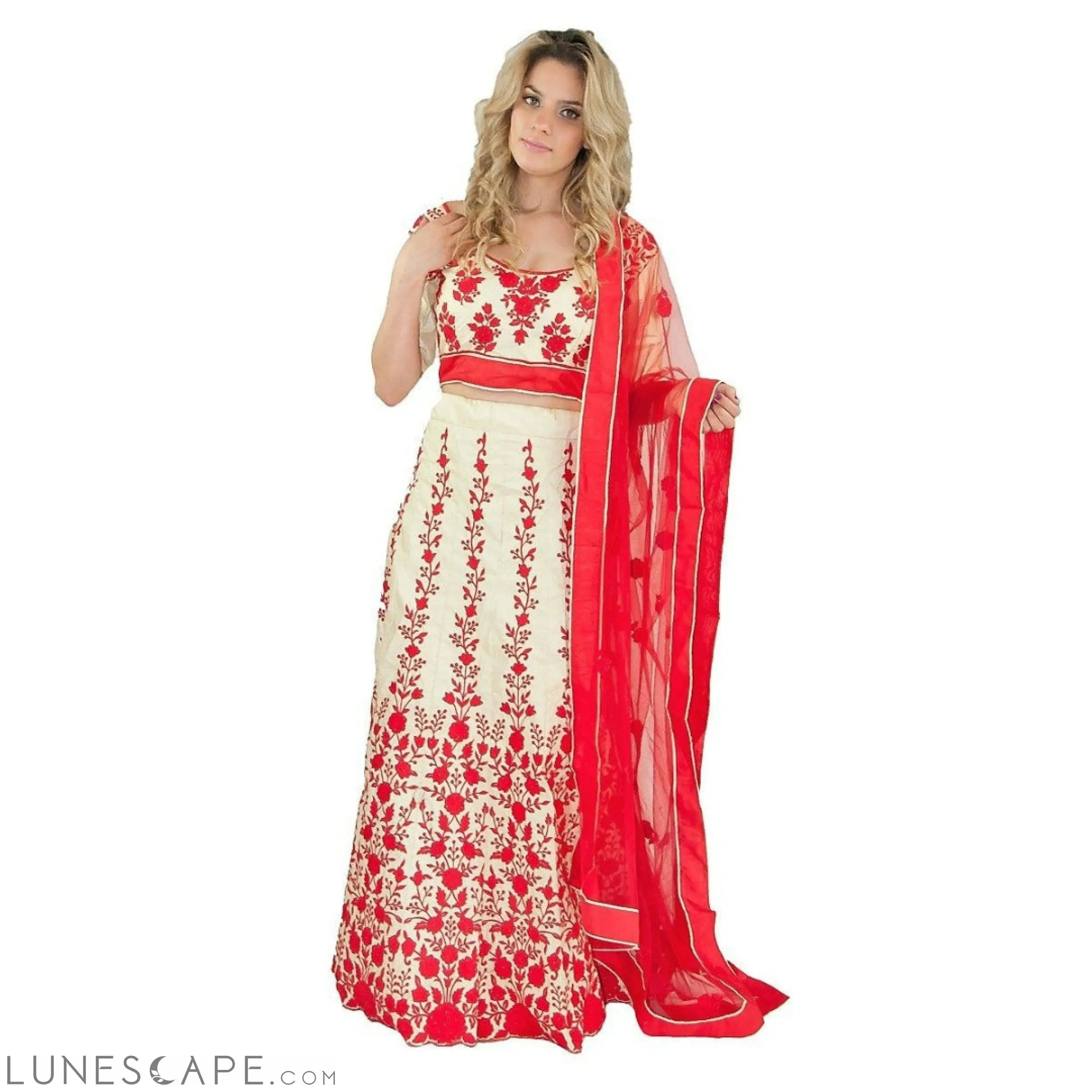 Contemporary Party Lehenga - White and Red LUNESCAPE