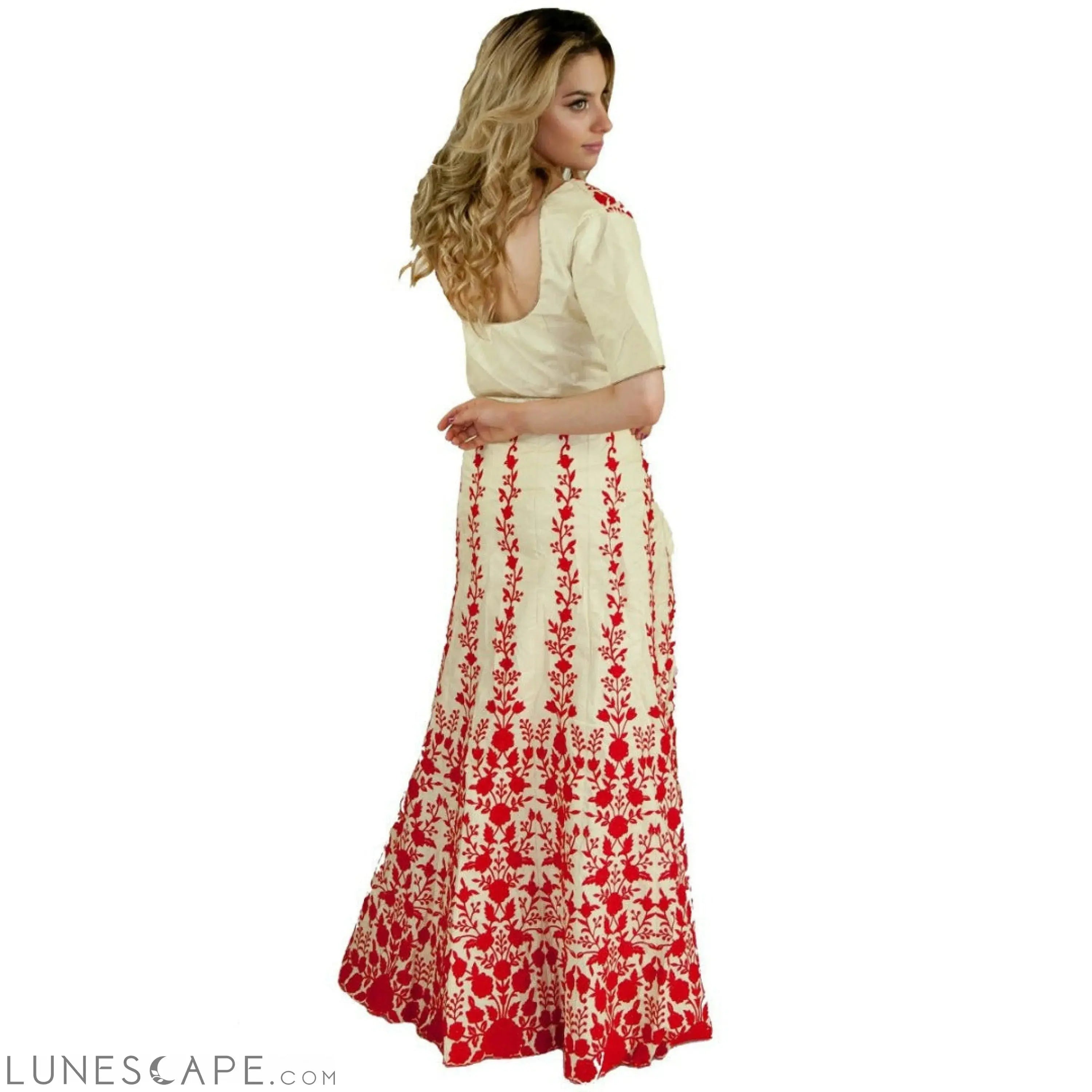Contemporary Party Lehenga - White and Red LUNESCAPE