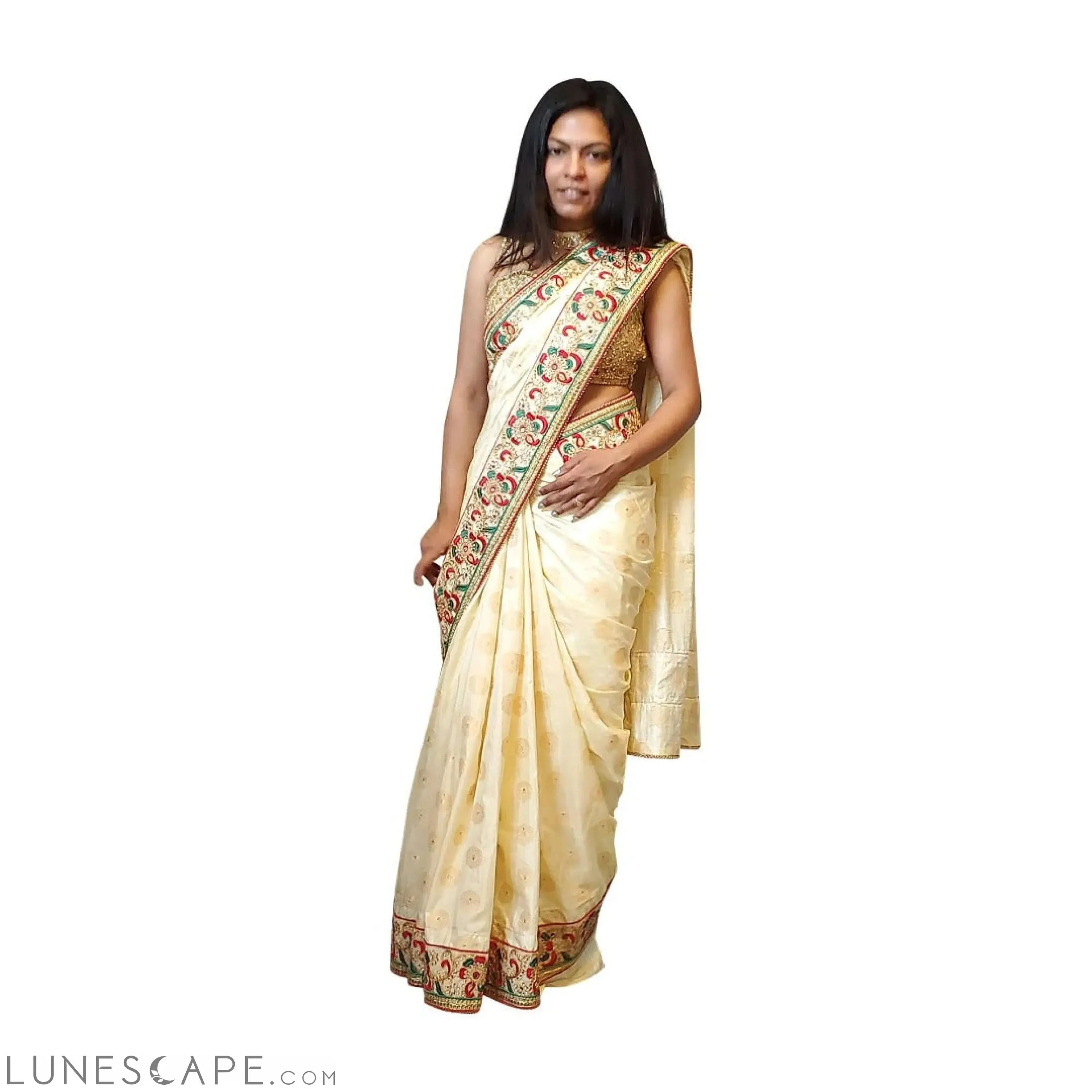 Cream Colored Brocade Soft Saree With Embroidered Border LUNESCAPE