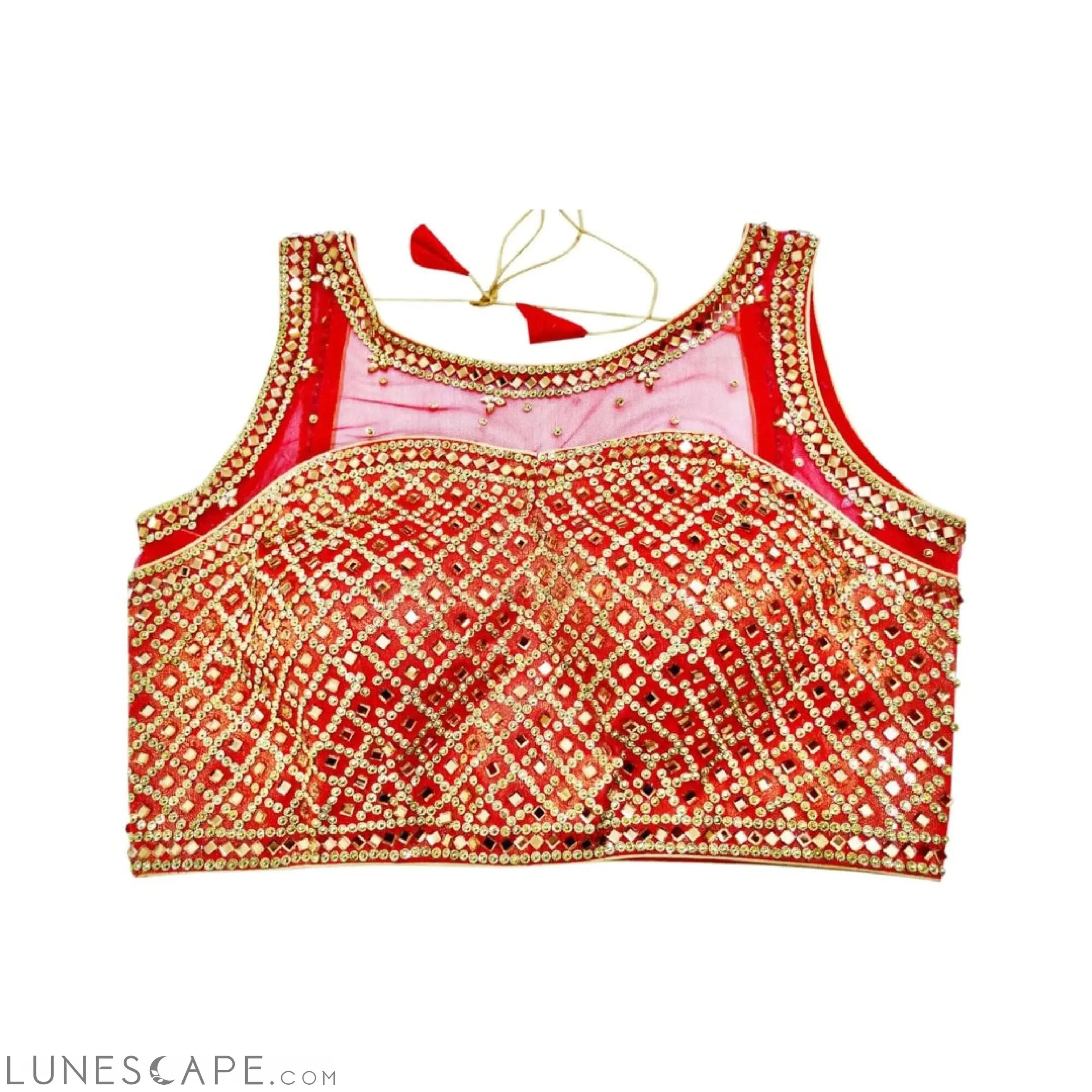 Custom Designed Red Saree Blouse With Embellishments LUNESCAPE