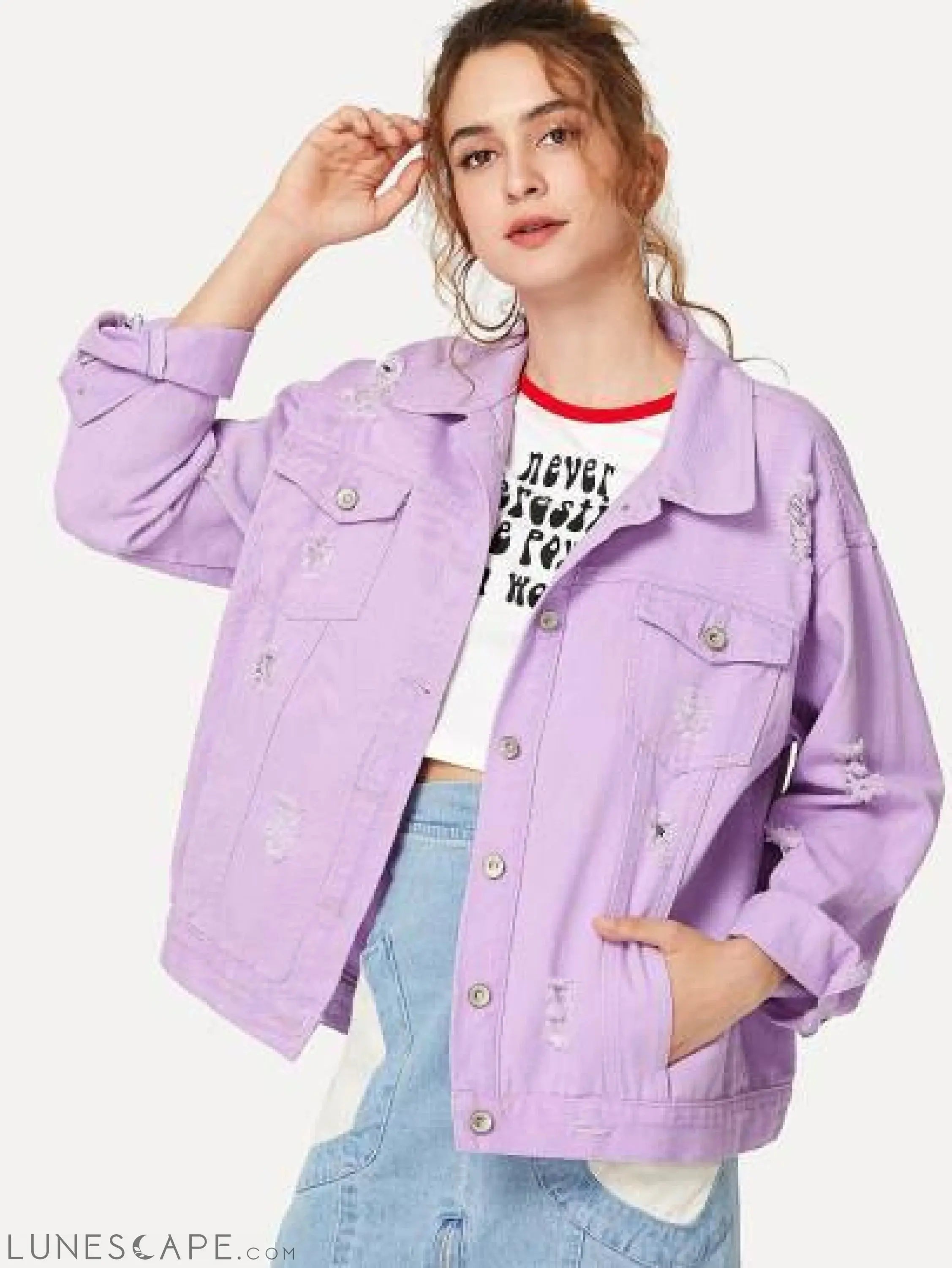 Distressed Oversized Jean Jacket - Lilac LUNESCAPE