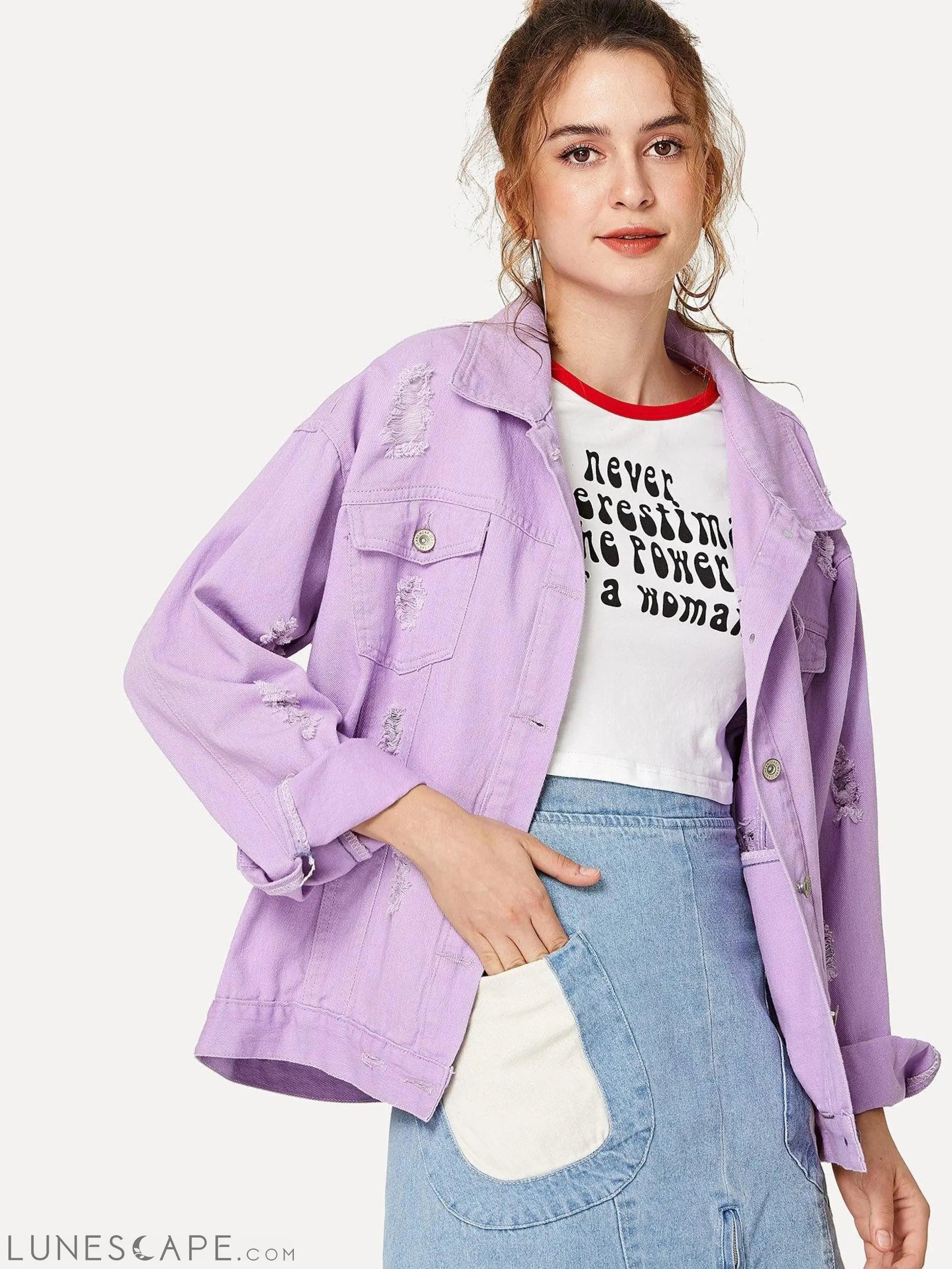 Distressed Oversized Jean Jacket - Lilac LUNESCAPE