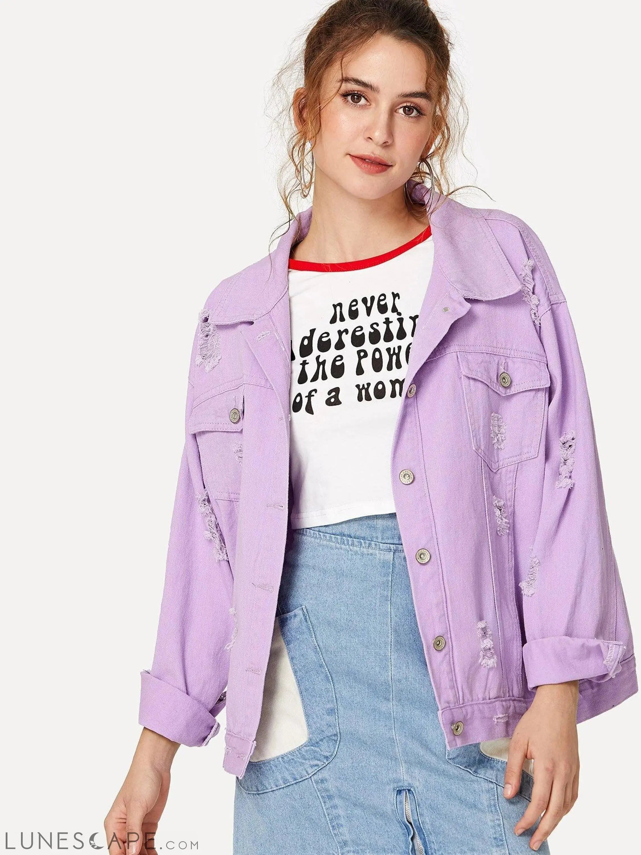 Distressed Oversized Jean Jacket - Lilac LUNESCAPE