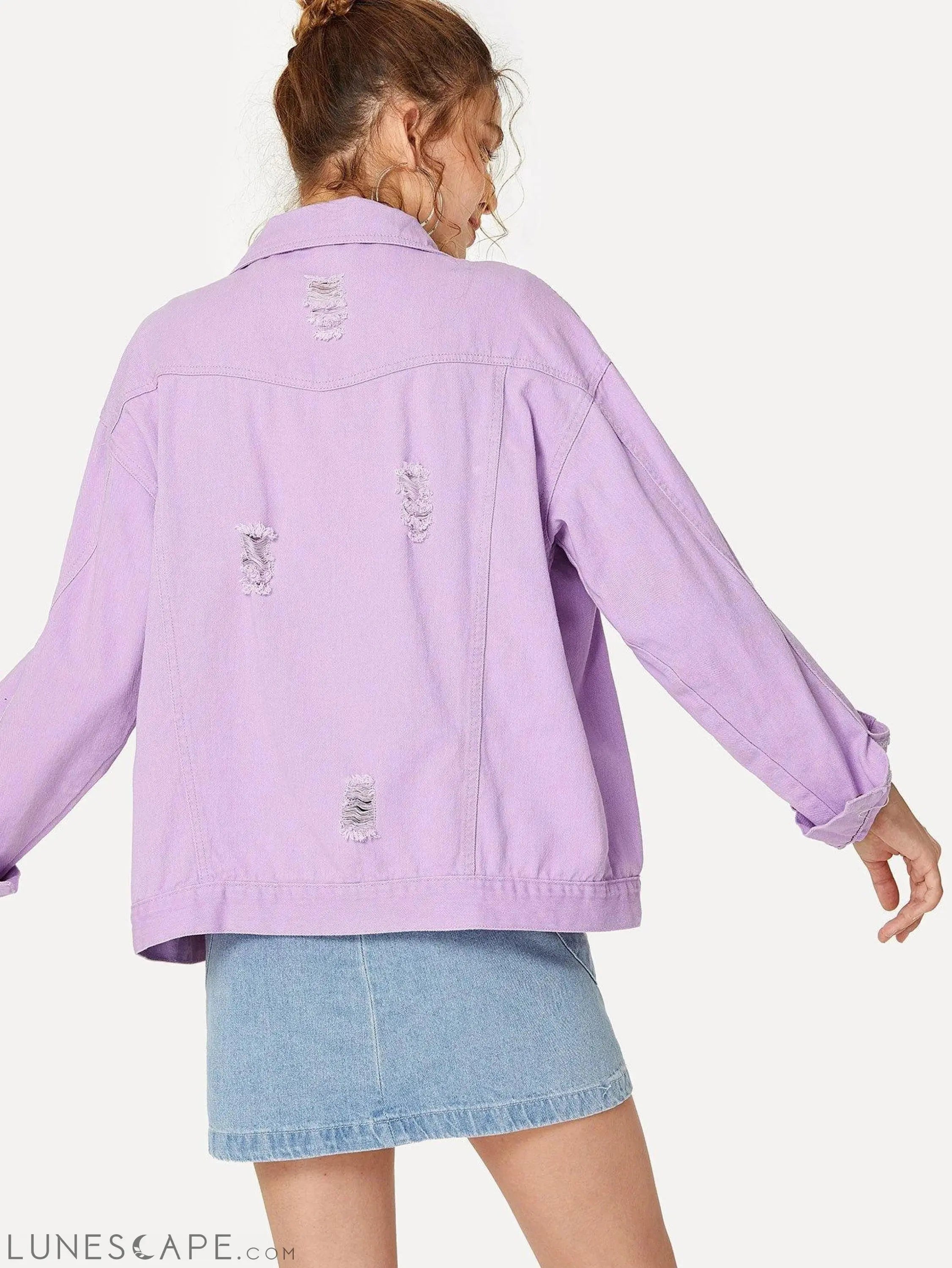 Distressed Oversized Jean Jacket - Lilac LUNESCAPE