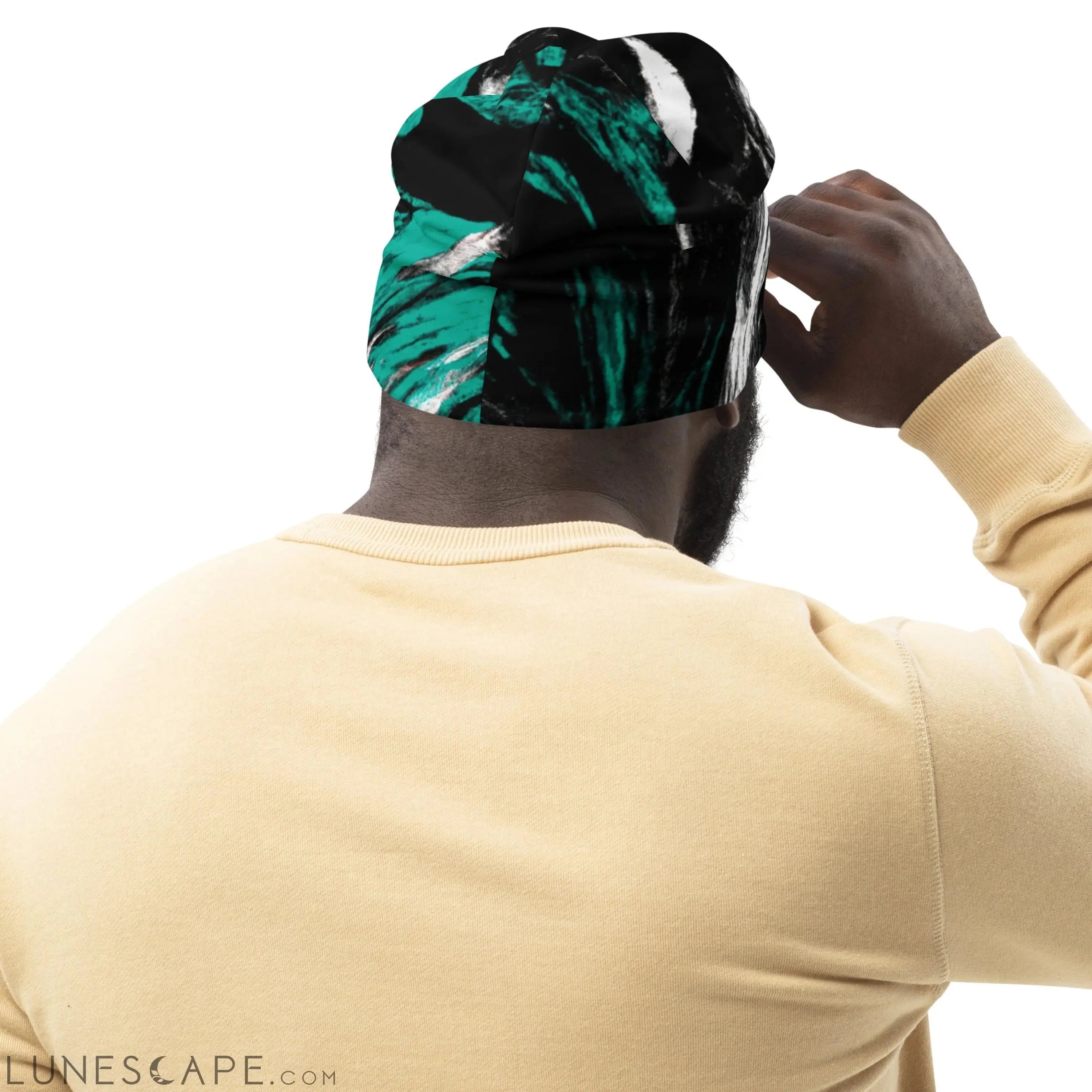 Double-layered Beanie Hat Black Green White Abstract Pattern LUNESCAPE