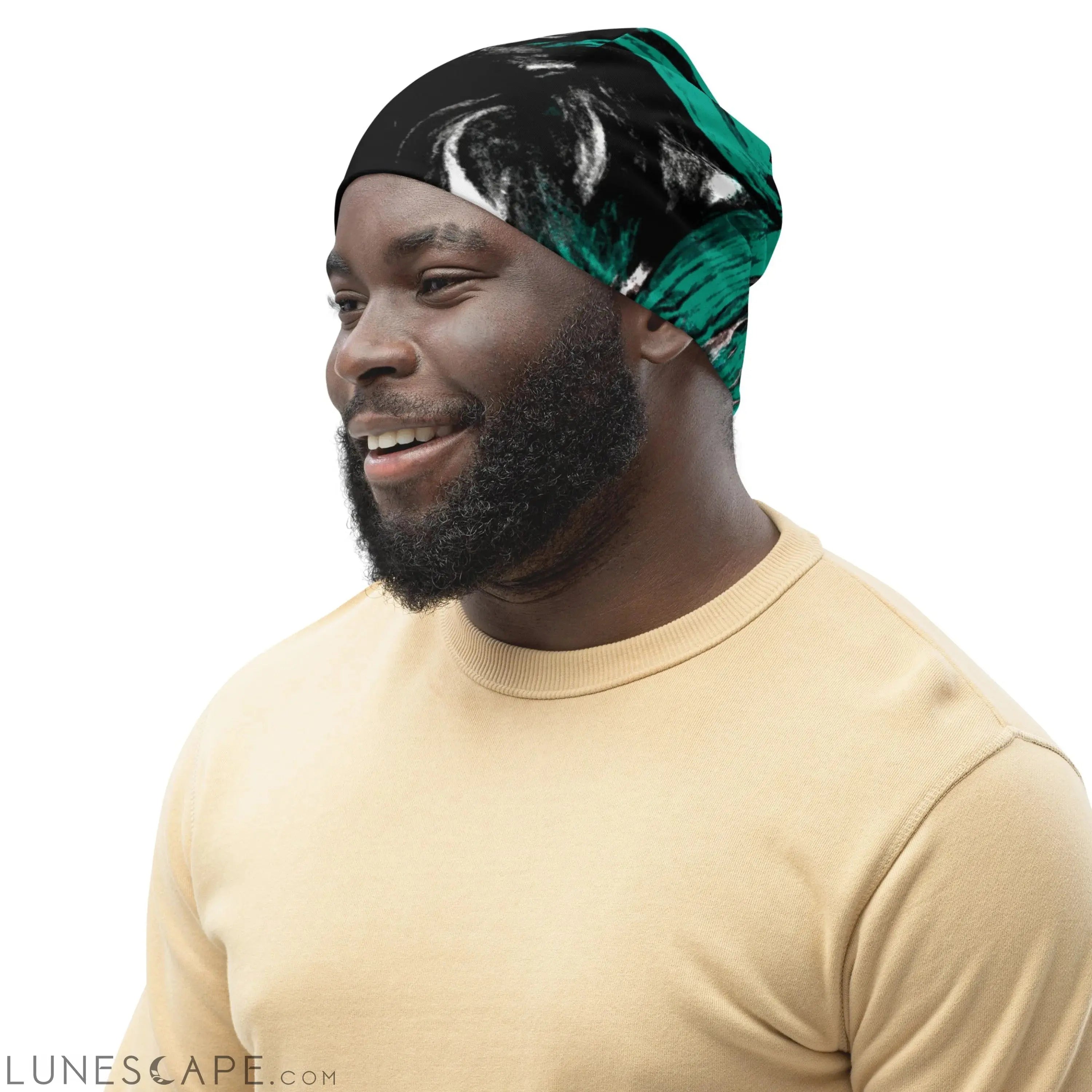 Double-layered Beanie Hat Black Green White Abstract Pattern LUNESCAPE