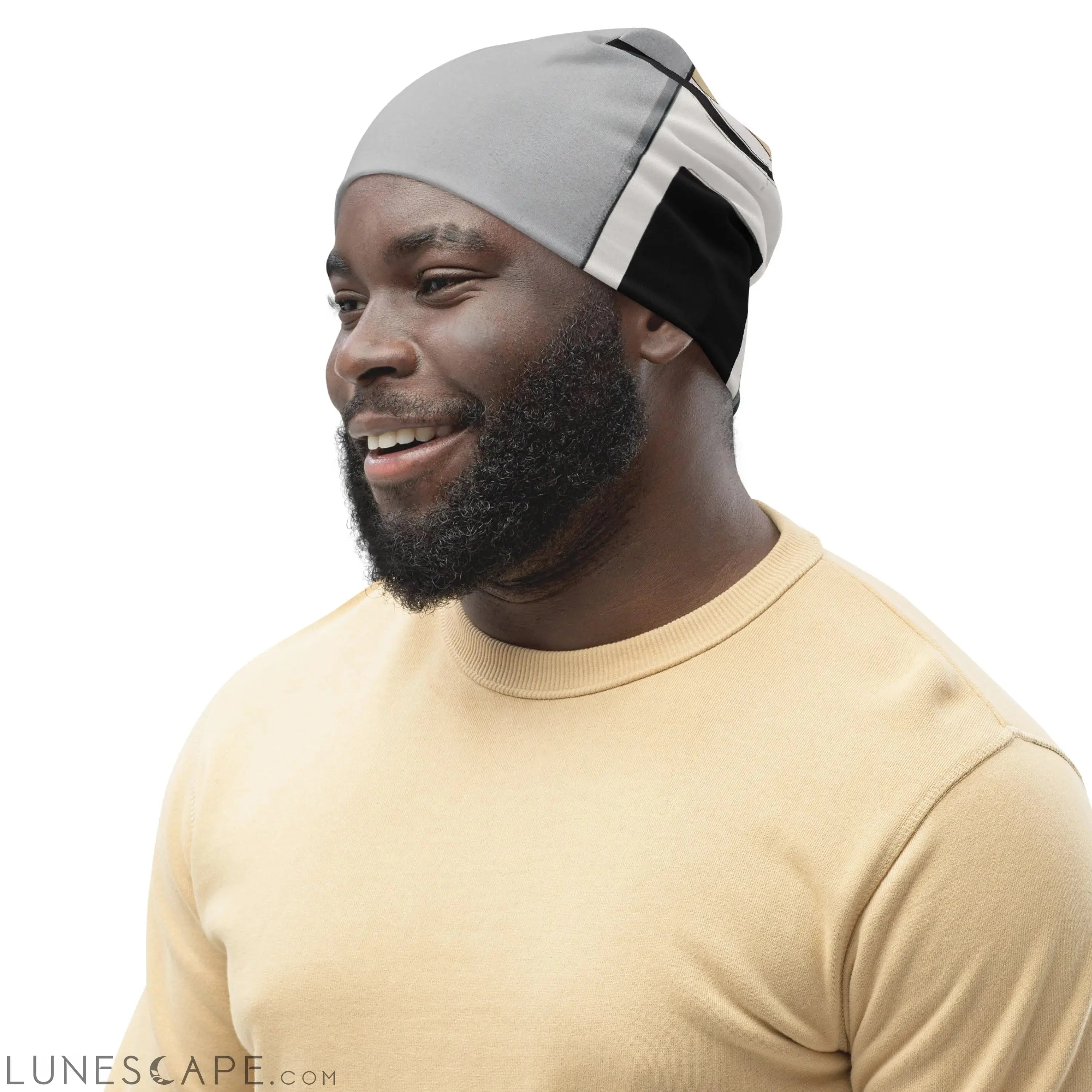 Double-layered Beanie Hat Black Grey Abstract Pattern LUNESCAPE