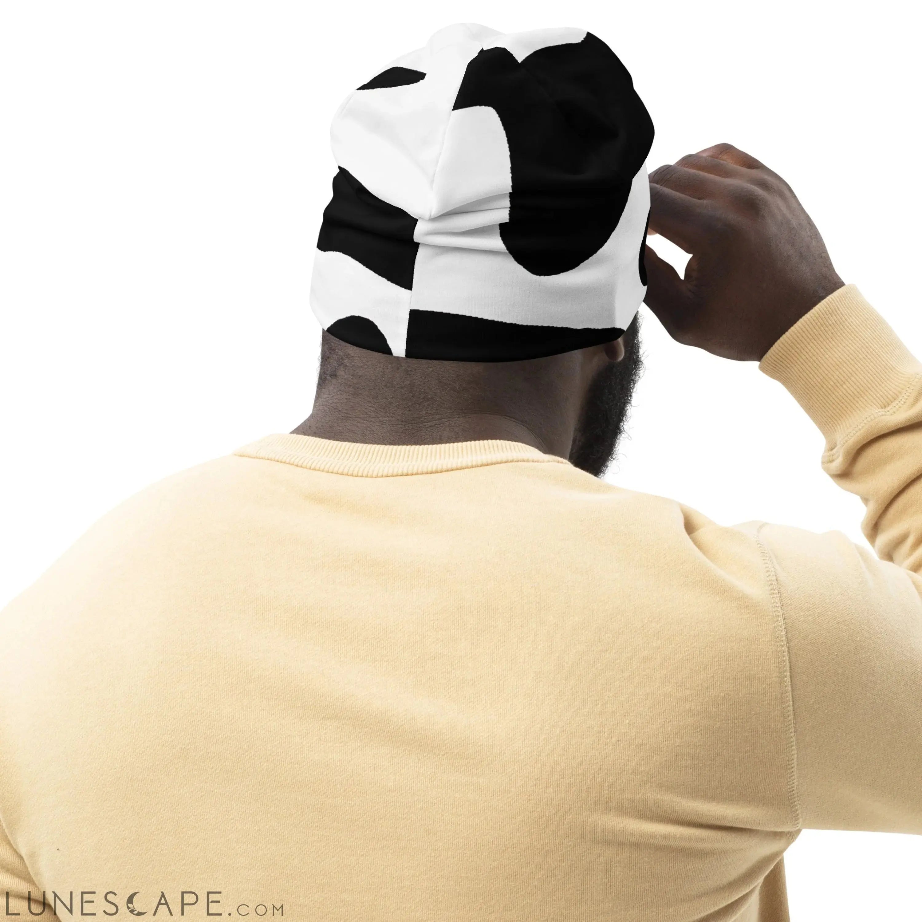 Double-layered Beanie Hat Black White Cow Print LUNESCAPE