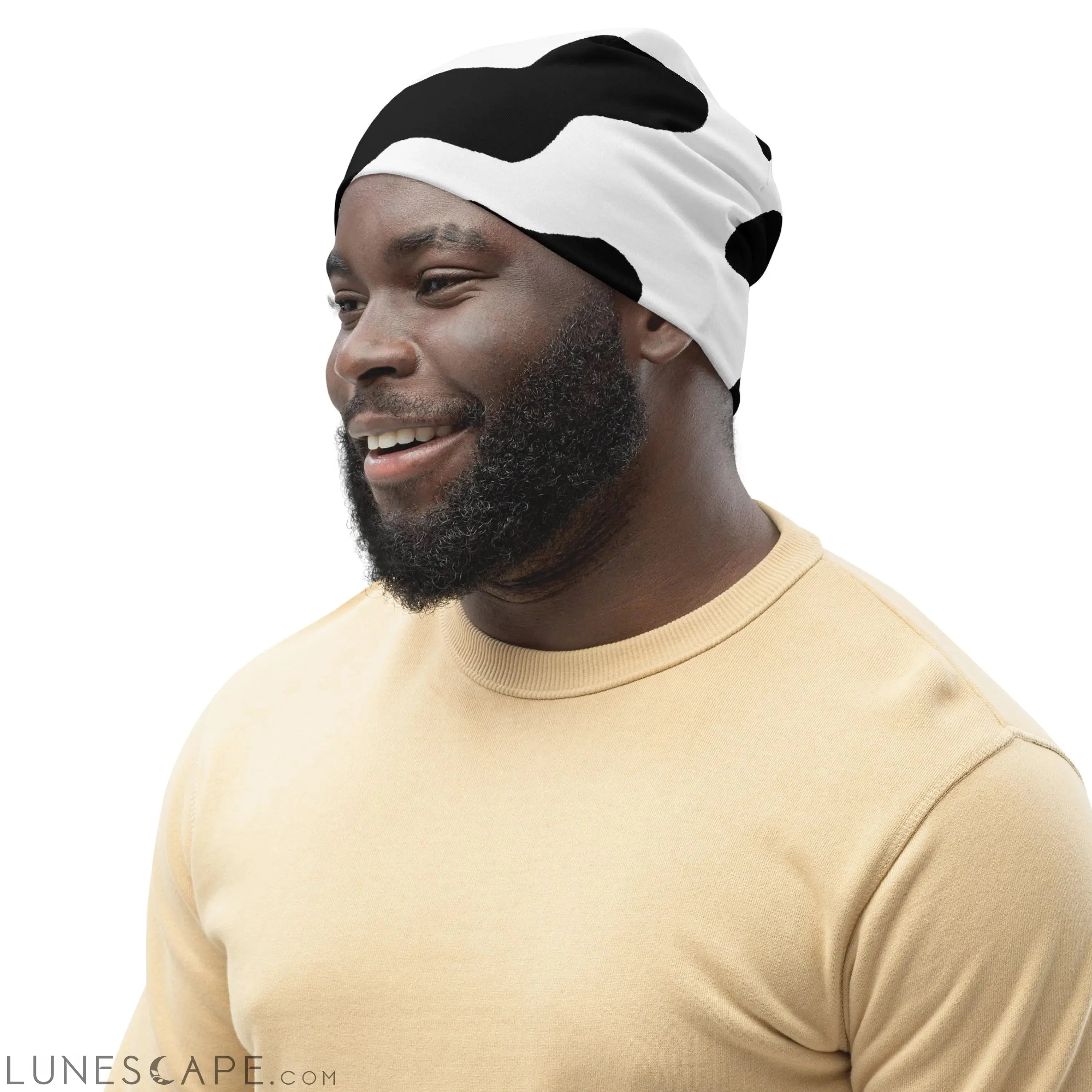 Double-layered Beanie Hat Black White Cow Print LUNESCAPE