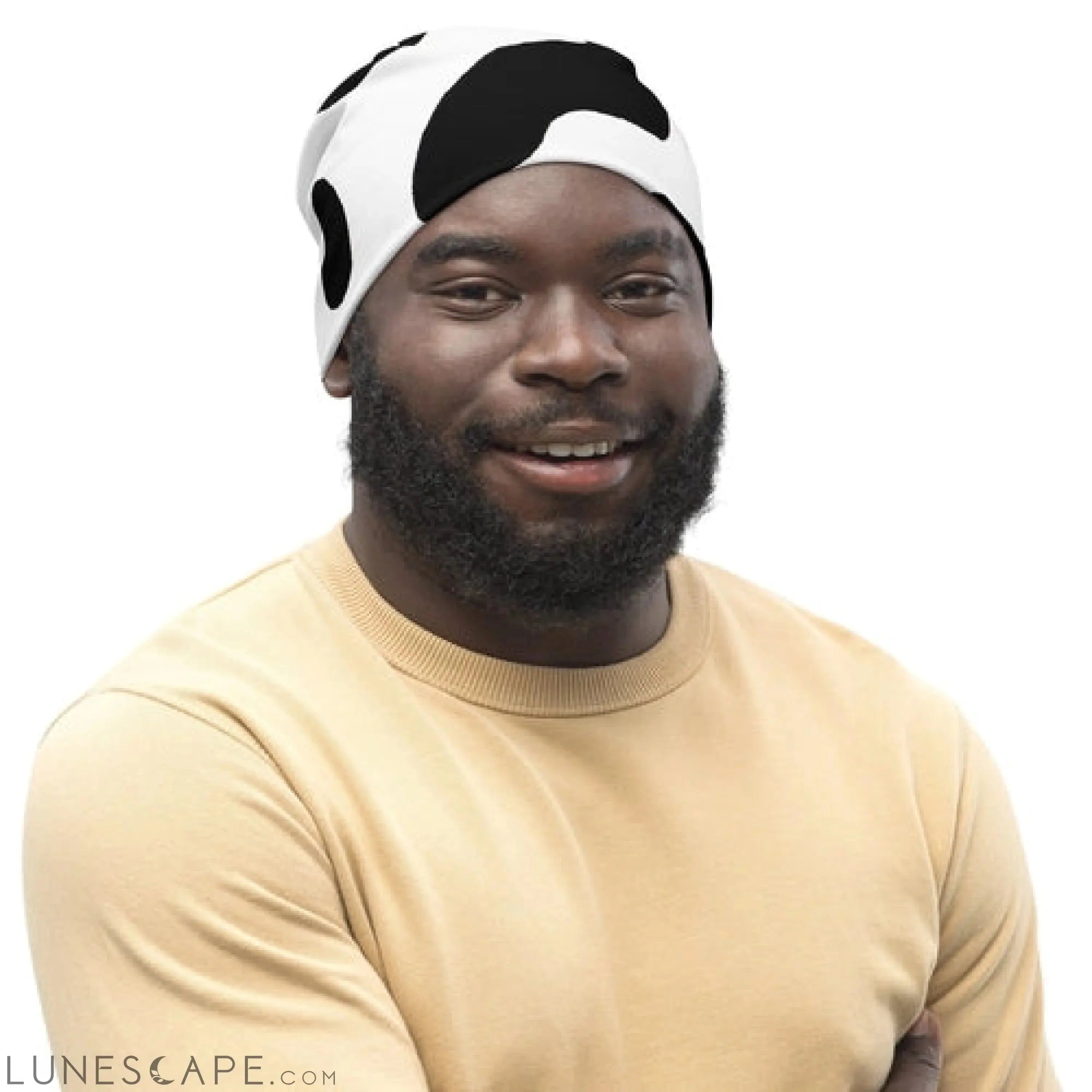 Double-layered Beanie Hat Black White Cow Print LUNESCAPE