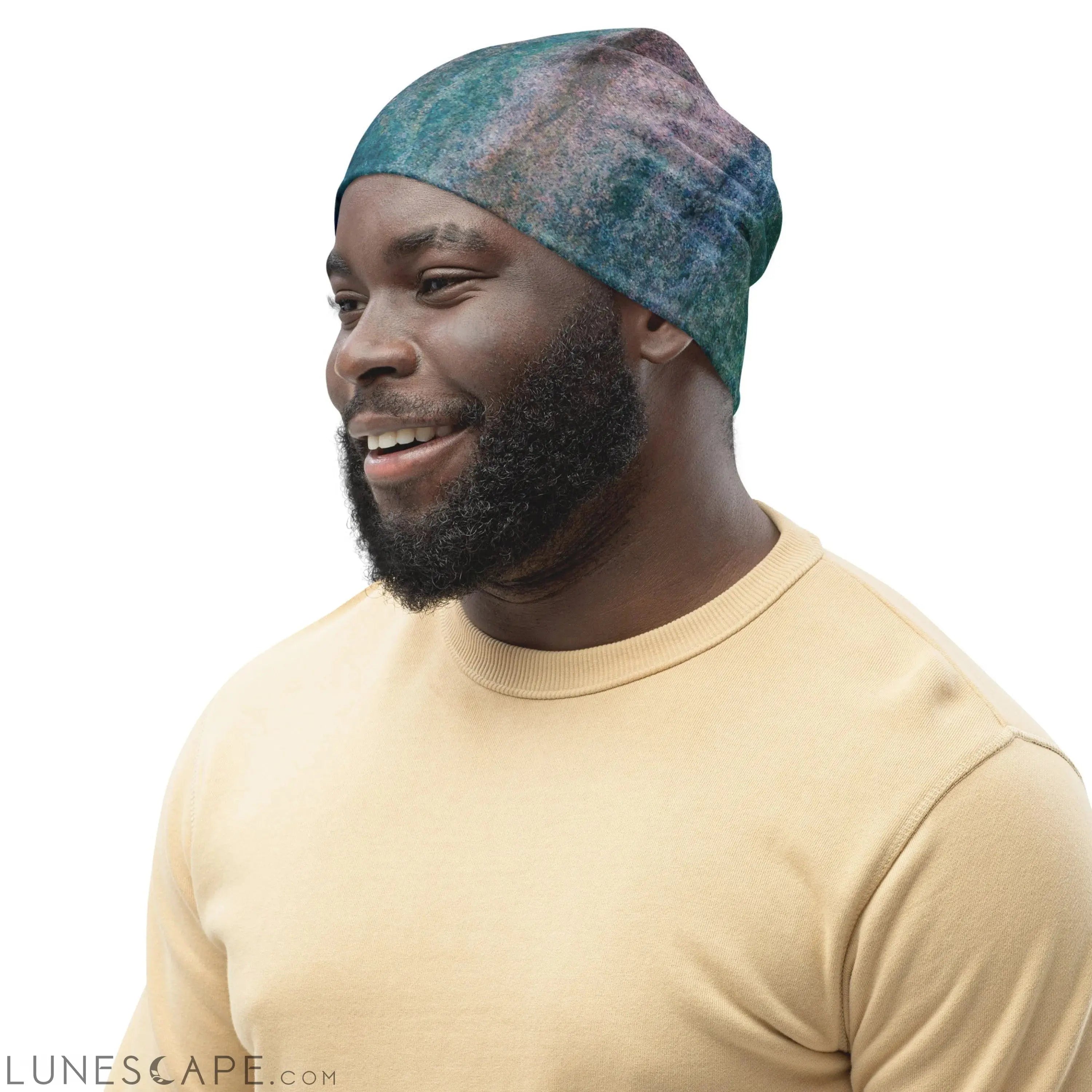 Double-layered Beanie Hat Blue Hue Watercolor Abstract Print LUNESCAPE