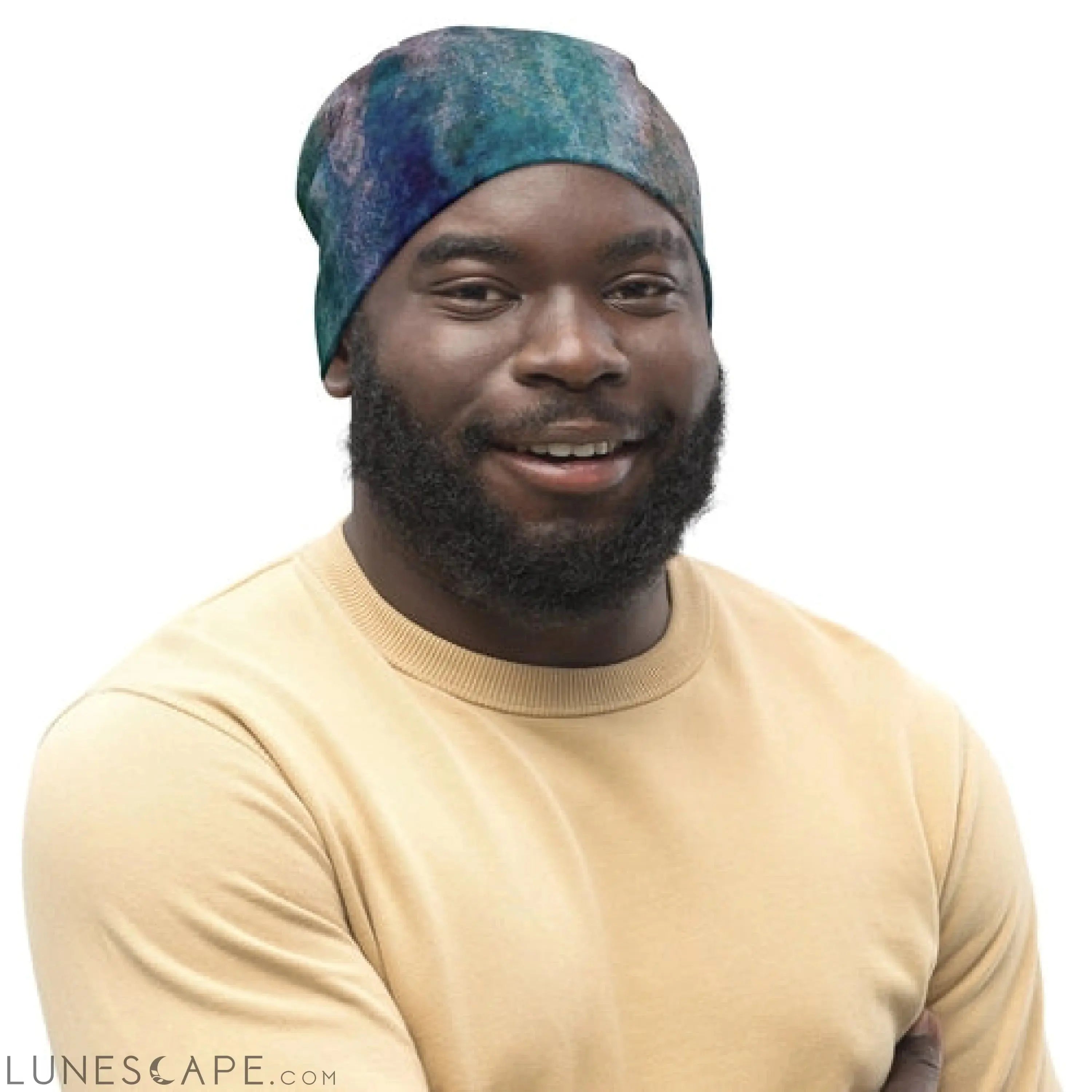 Double-layered Beanie Hat Blue Hue Watercolor Abstract Print LUNESCAPE